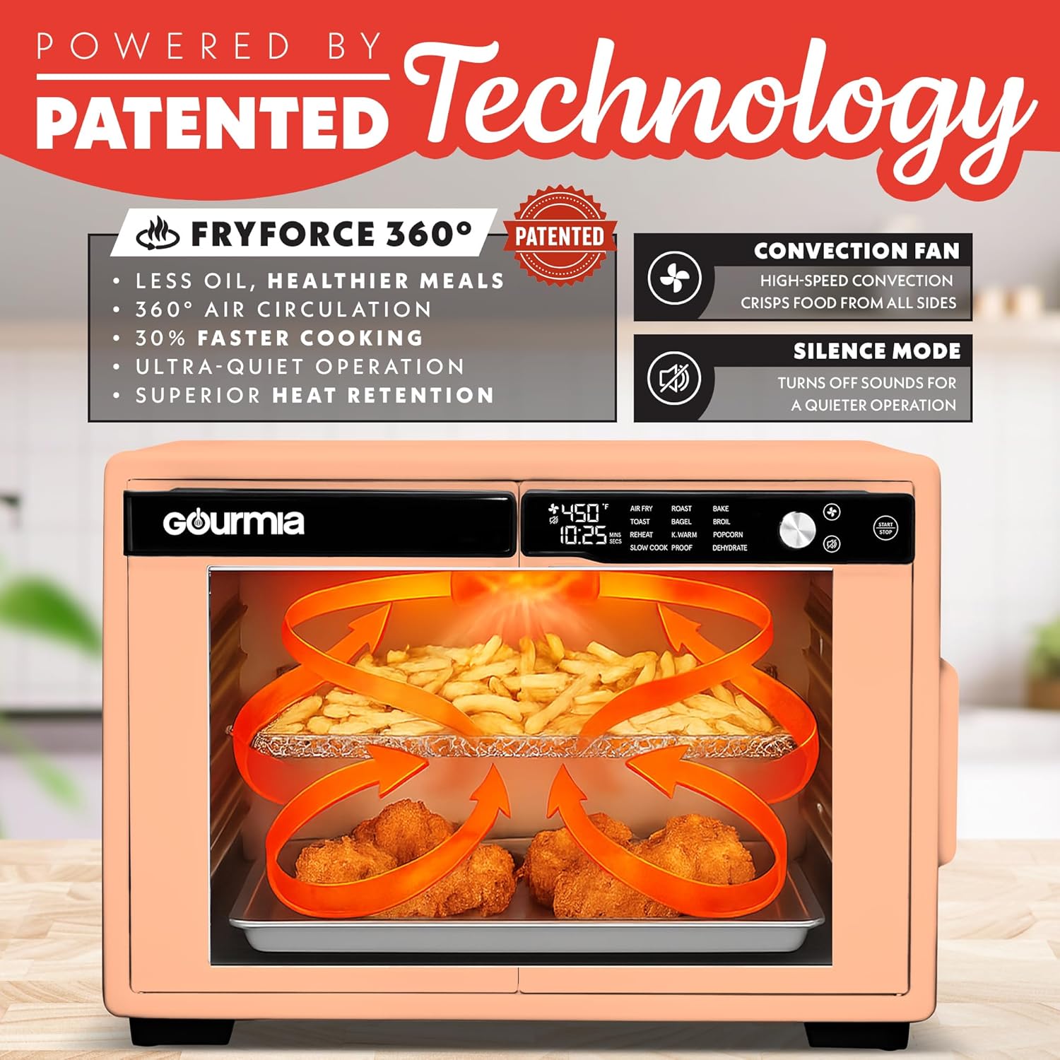 Gourmia French Door Air Fryer Oven - 37 Qt Large Capacity Convection Toaster Oven, FryForce 360°, Digital Display, 12 Cooking Presets, Dehydrate, Fits 13” Pizza, Dishwasher-Safe, Peach