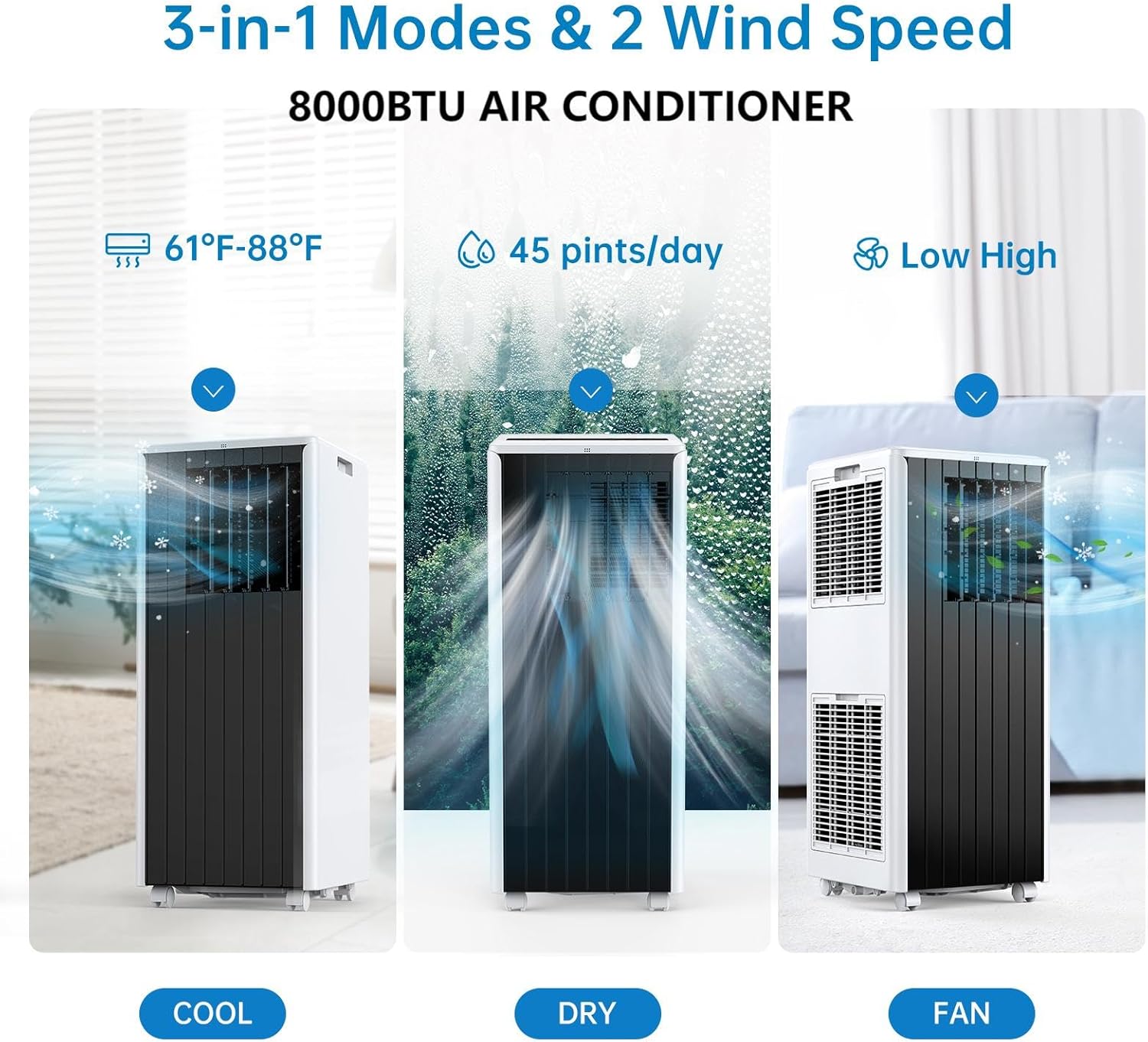 3-in-1 Air Conditioner 8000BTU Portable AC Unit Cool Up to 350 Sq.Ft, with Fan, Cool, Dehumidifier Modes, Remote and LED Control for Home, Bedroom, Office (Black)