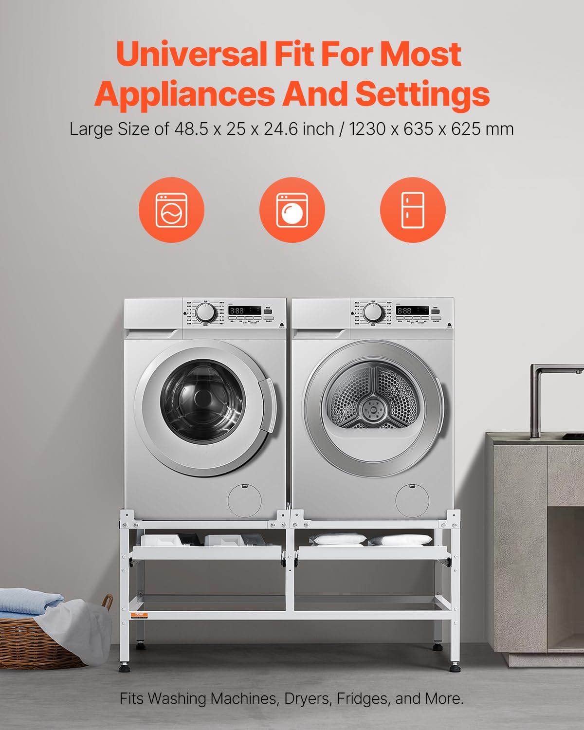 VEVOR Washing Machine Stand, 48.5x25-Inch Washer Laundry Pedestal, 590LBS Load Capacity Washer And Dryer Pedestal Base with Double Trays, 4 Adjustable Feet for Lifting Washing Machines, Carbon Steel