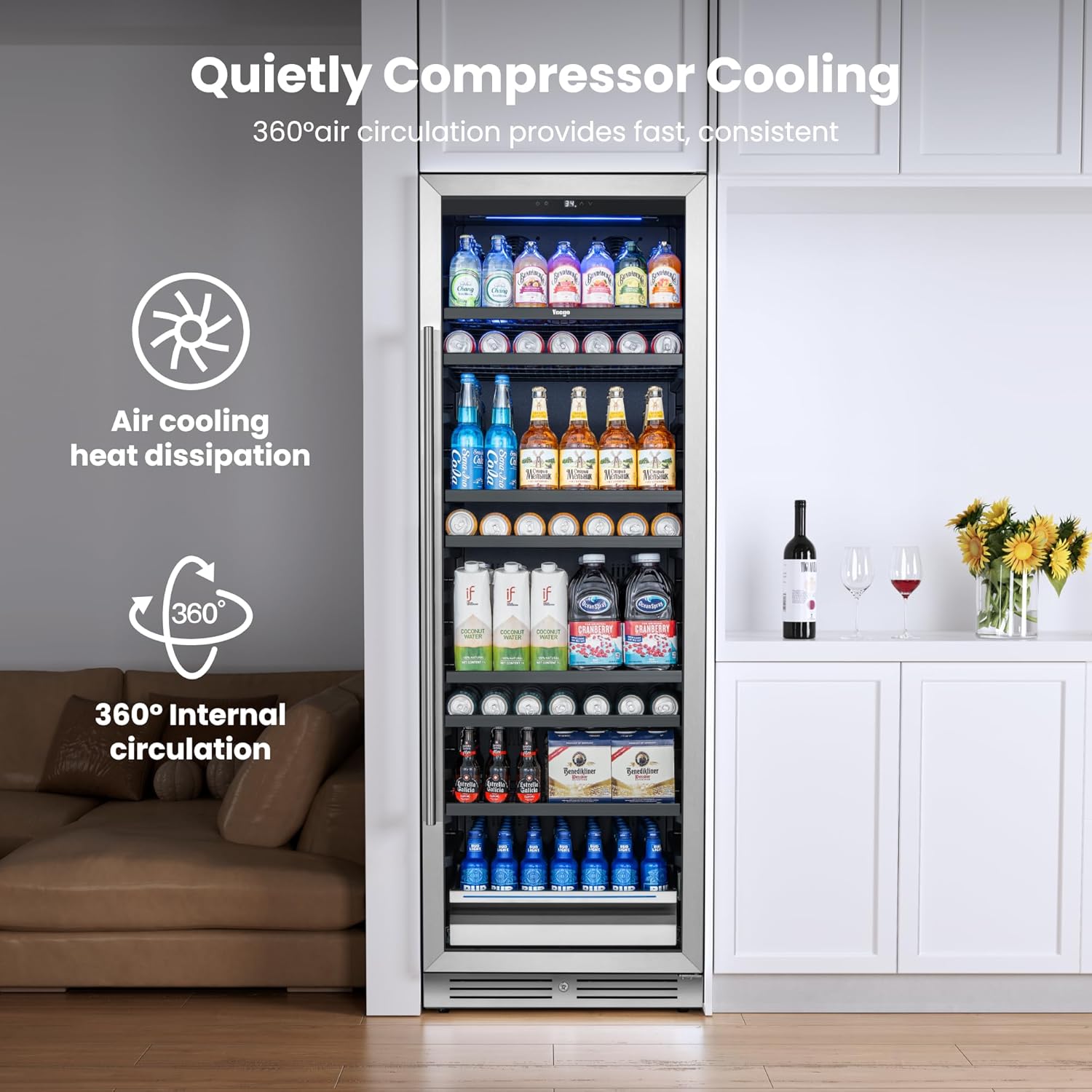 Yeego Beverage Refrigerator & Drink Fridge - 24 inch 378 Cans Beer Cooler with Glass Door, 34-54℉ Built-in or Freestanding Refrigerator with Door Lock, For Drink Soda Wine and Kitchen, Bar or Office