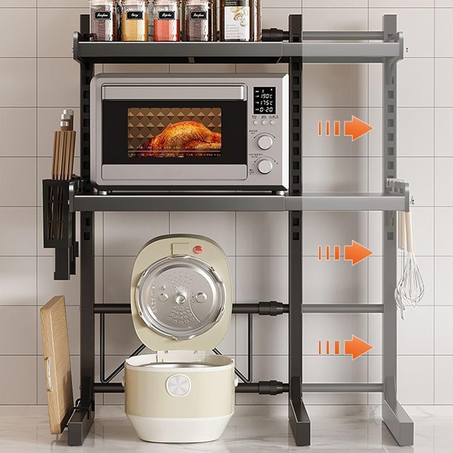 Microwave Oven Shelf Expandable Storage Rack, Thickened Carbon Steel Kitchen Organizer, Adjustable Height and Length Countertop Shelf for Jars, Utensils, Plates, with Hex Wre