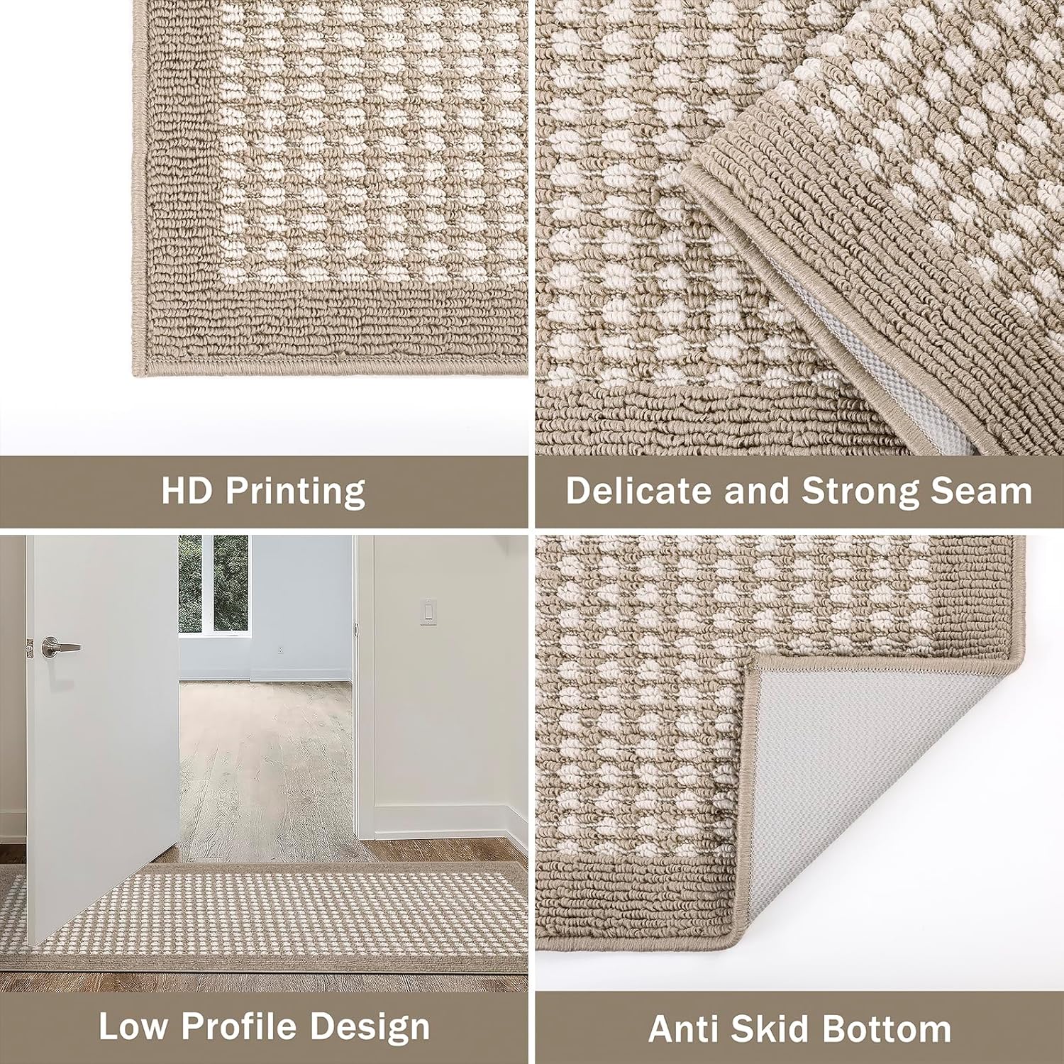 Ileading Kitchen Mat Sets 3 Piece Minimalist 3D Lattice Kitchen Floor Rugs with Non Slip Rubber Backing Machine Washable Farmhouse Runner Rugs for Laundry Hallway Doormat(Beige)
