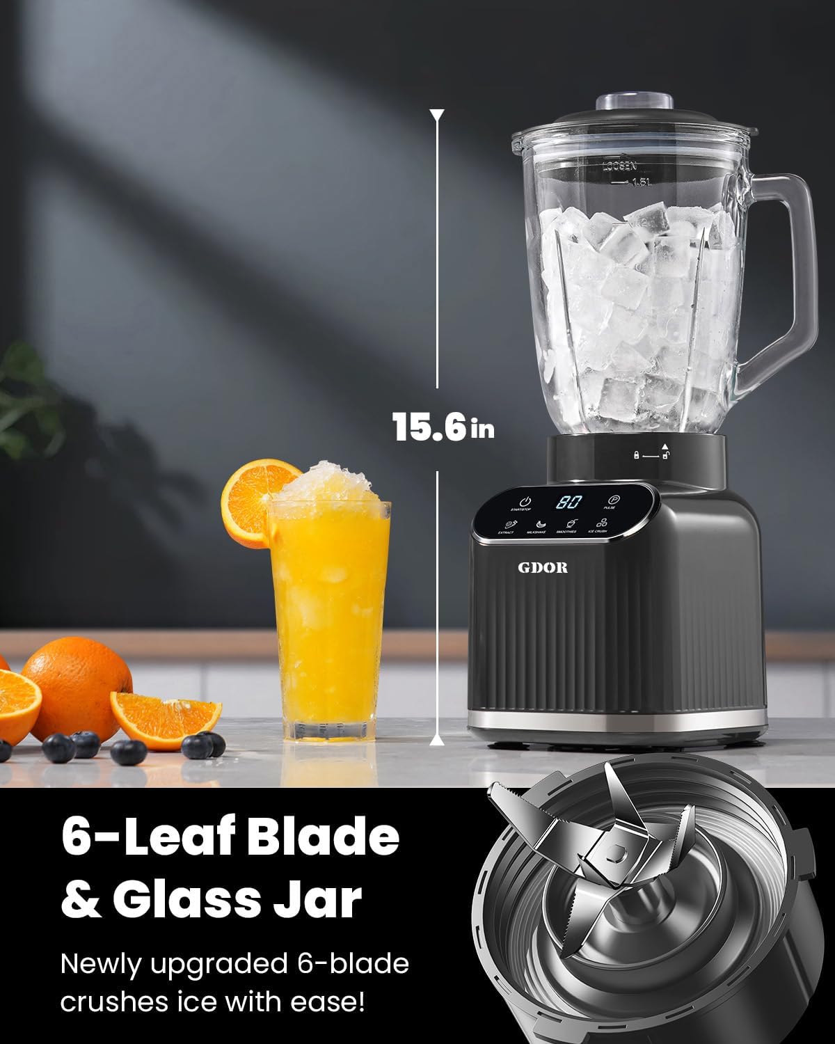 GDOR Professional Blender for Smoothies, 5 Functions, 1200 Peak Watts Smoothie Blender, 52 Oz Glass Jar & 24 Oz To-Go Cup Combo, Blenders for Smoothies, Ice and Frozen Fruit, Self-Cleaning, Gray