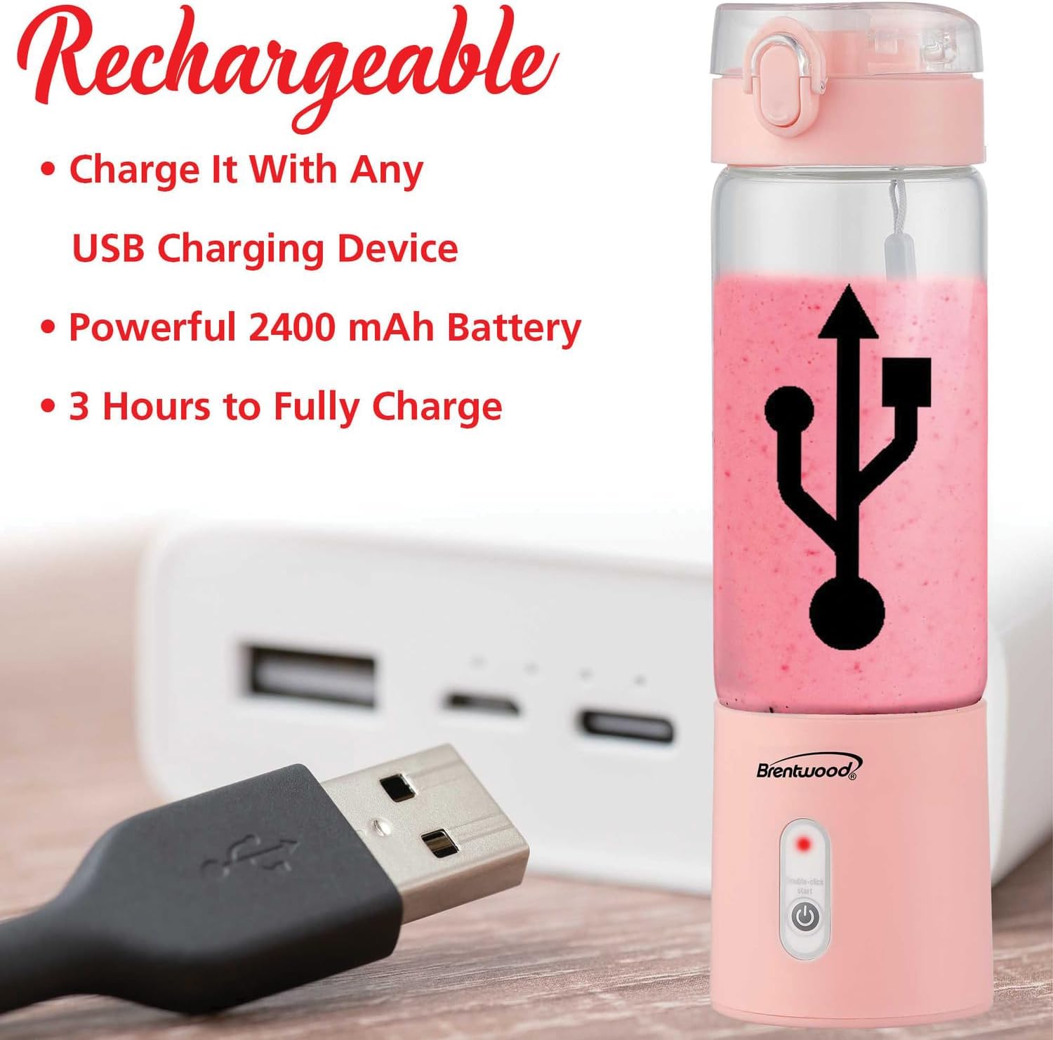 Brentwood 50-Watt 17-Oz. Portable Battery-Operated USB-Chargeable Glass Blender (Pink)