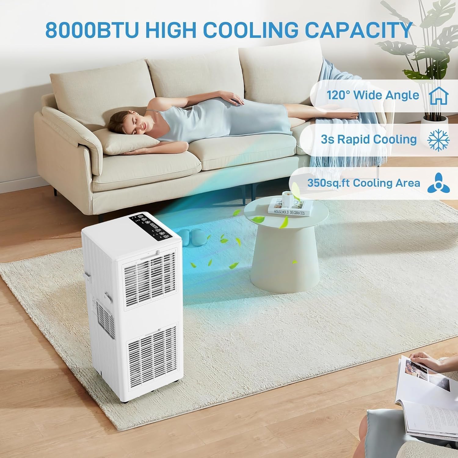 Portable Air Conditioner 8000 BTU - 3-In-1 AC Units Fast Cooling, Dehumidifying & Fan Functions, Ultra Quiet Operation with Remote Control & Window Kit, Ideal for Bedroom, Office & Living Room