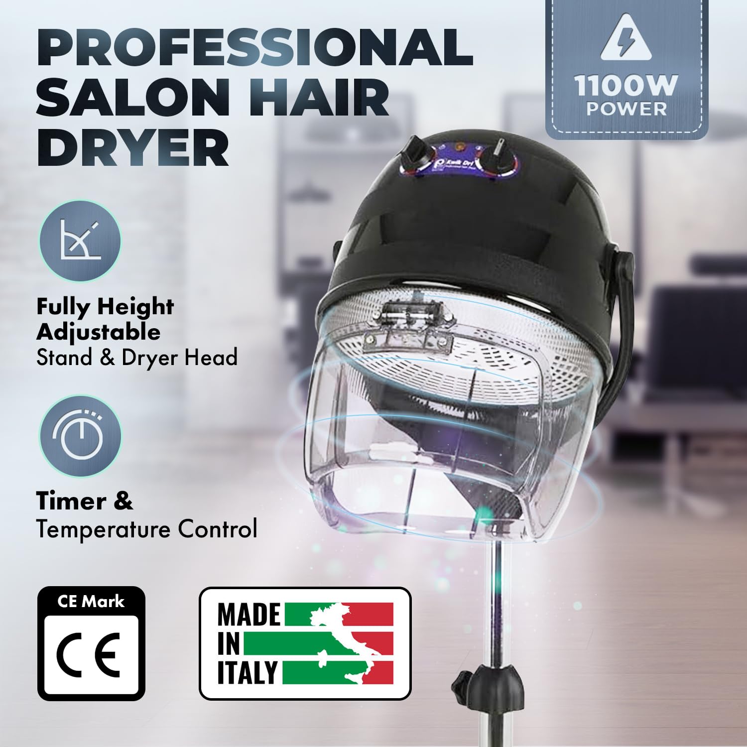 Pibbs 514 Kwik Dri 1100W Professional Salon Hair Dryer with Timer, Temp Control, Adjustable Height & Head, Rolling Caster Base, Flip-Top Visor, CE Certified, Made in Italy, Black, PIB-514