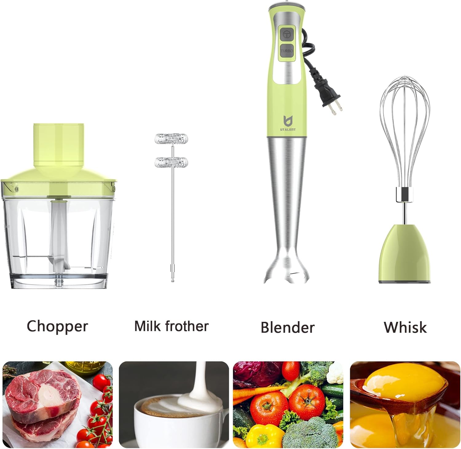 Immersion Hand Blender, UTALENT 5-in-1 8-Speed Stick Blender with 500ml Food Grinder, BPA-Free, 600ml Container,Milk Frother,Egg Whisk,Puree Infant Food, Smoothies, Sauces and Soups - Green