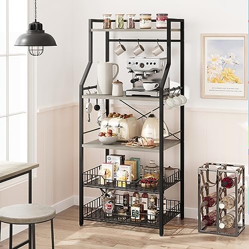 5-Tier Kitchen Bakers Rack, Compact Microwave Oven Stand with 2 Large Storage Baskets & 8 Hooks, Freestanding Coffee Bar Station, Sturdy Metal Frame Organizer for Kitchen Appliances, Black & Gray