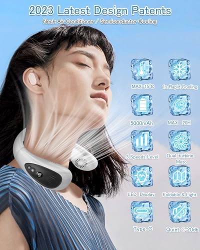 Neck Air Conditioner, 5000mAh Portable Neck Fan, Bladeless USB Neck Fan with Semiconductor Cooling Airflow, Portable Rechargeable, 3 Speeds, LED Display, Personal Fan for Outdoor Travel
