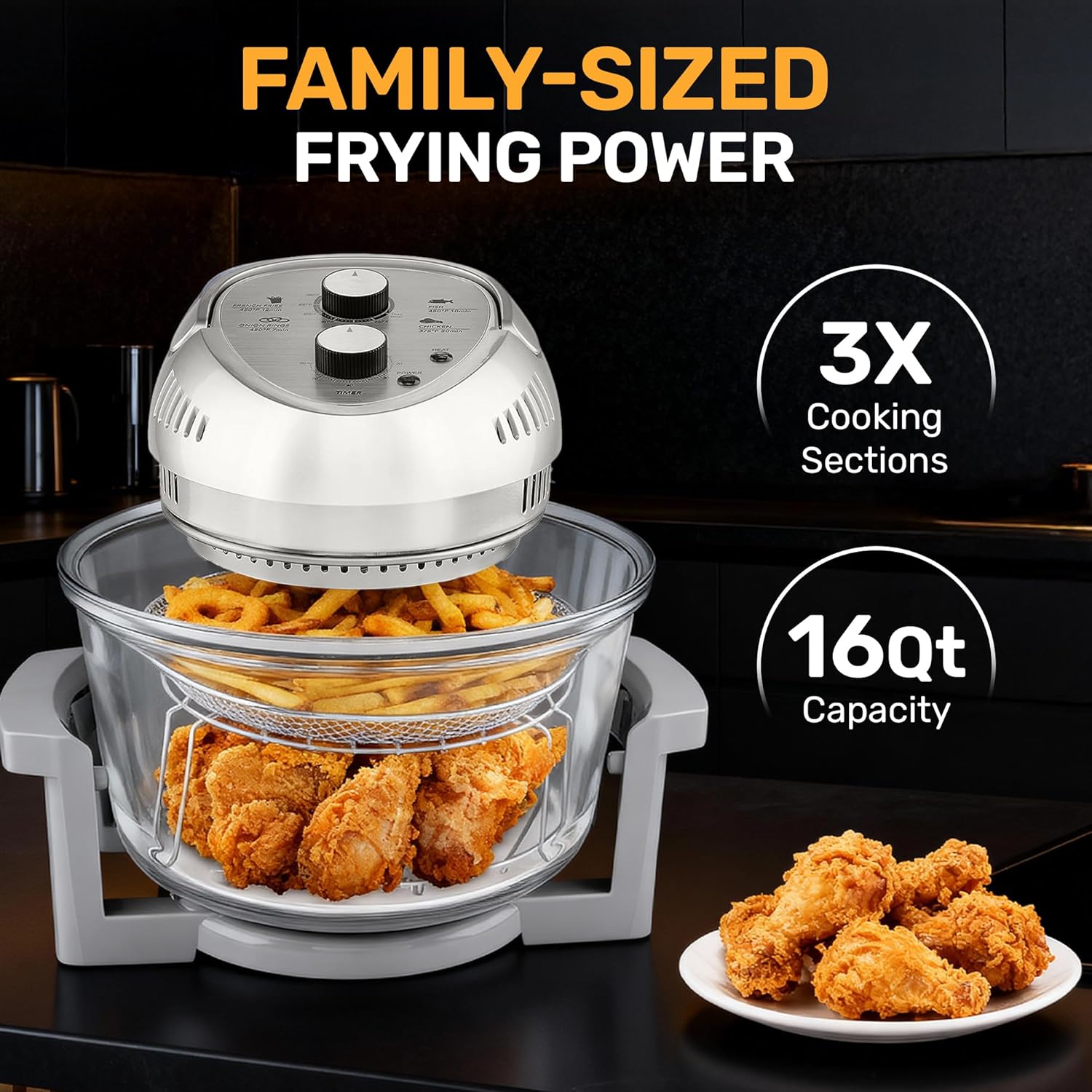 Big Boss 16Qt Large Glass Air Fryer Non Toxic – Family Sized Large Halogen Oven Cooker with 3 Cooking Sections, Stainless Steel Racks, French Fries, Chicken, No Preheat, Self Cleaning, Dishwasher Safe