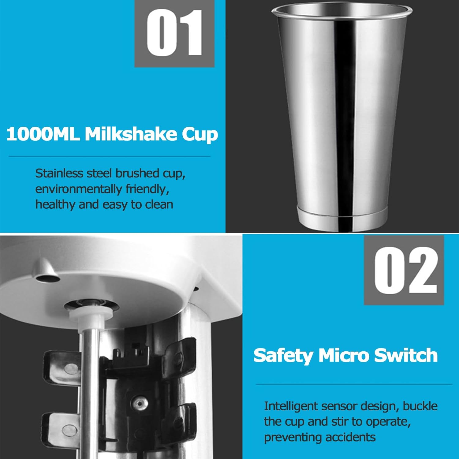 Commercial Milkshake Maker with 2 X 1000 Ml Cups, 600W Motor Electric Mixed Drink Maker Micro Sensor Switch Max 16000R/Min Double Heads Drink Mixer Blender