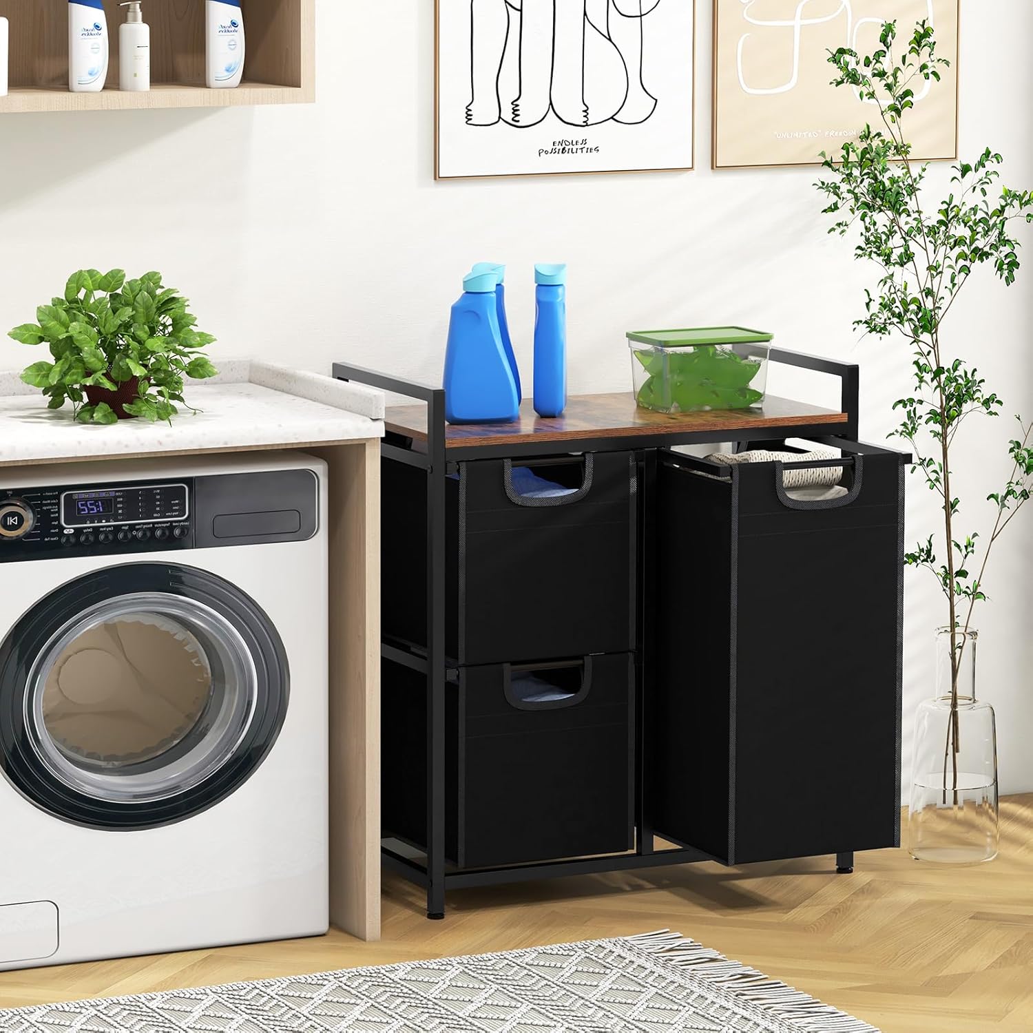 Giantex Laundry Hamper with Shelf, Laundry Basket Organizer with 3 Pull-Out Removable Bags, Top Storage Shelf, Metal Frame, Laundry Sorter 3 Section for Laundry Room Bathroom, Rustic Brown & Black