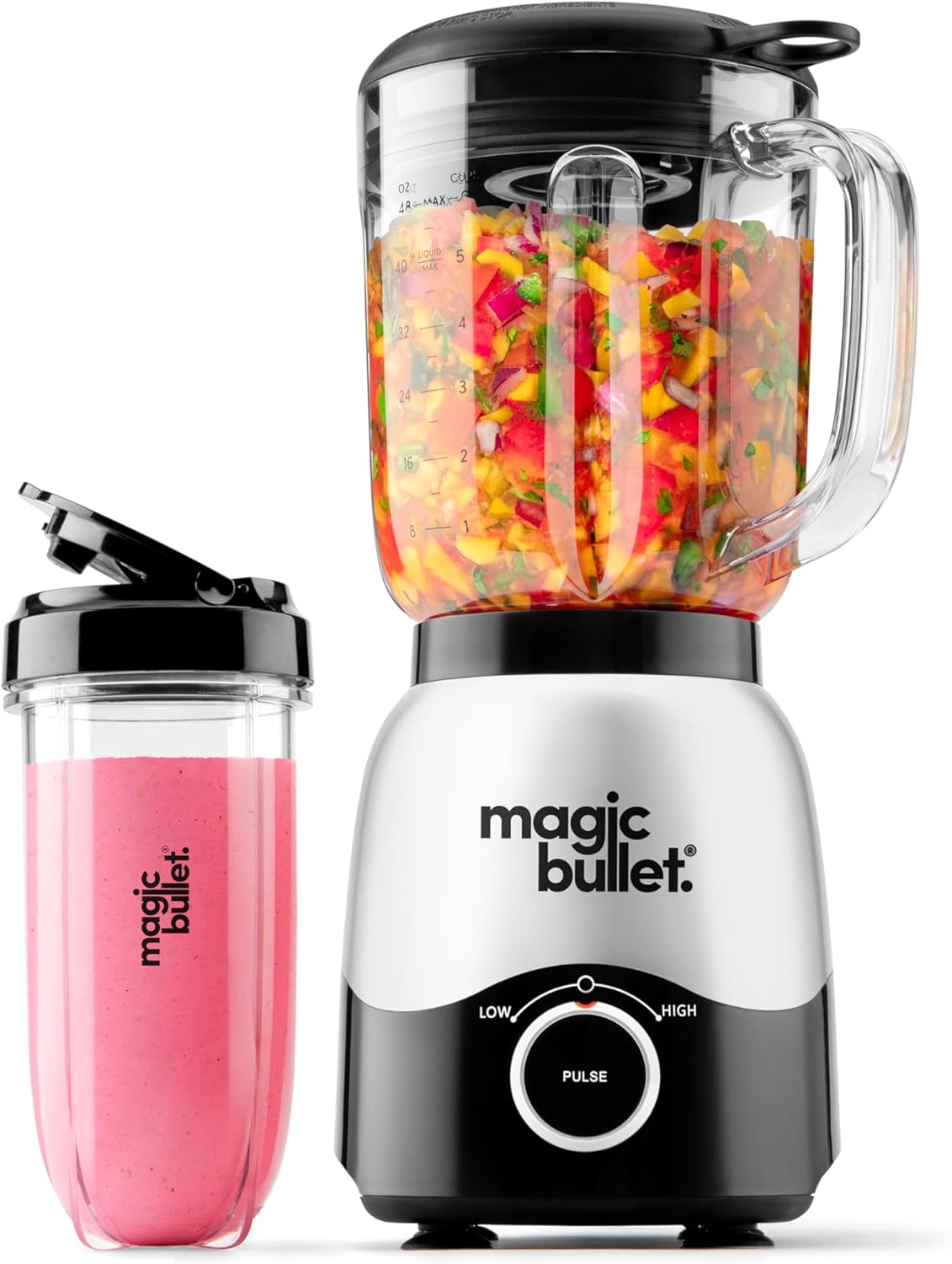Magic Bullet® Combo Blender, 600W, 48oz Pitcher, 16oz Cup with To-Go Lid, Easy Cleaning, Cross Blade, for Smoothies, Sauces, Shakes, Salsa, Hot Blends, Silver, MBF50200