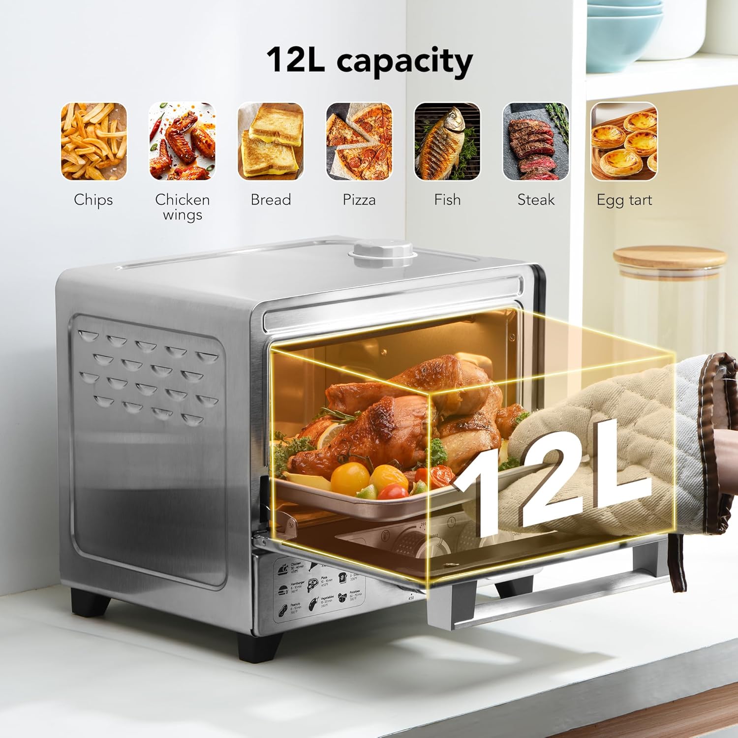 13QT Compact 6-in-1 Steam Oven, Stainless Steel Countertop Convection Oven, Fast Preheat, Air Fry, Bake, Roast, Broil, Reheat & Steam, Perfect for Small Contertop