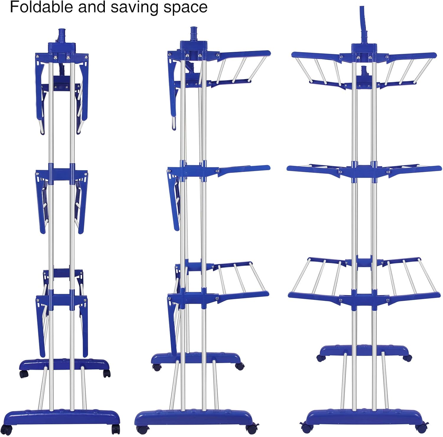 Clothes Drying Rack, Stainless Steel Oversized 4-Tier Collapsible Rolling Drying Rack Clothing Folding Laundry Drying Rack Stand Indoor/Outdoor with Side Wings and Casters Gray Blue