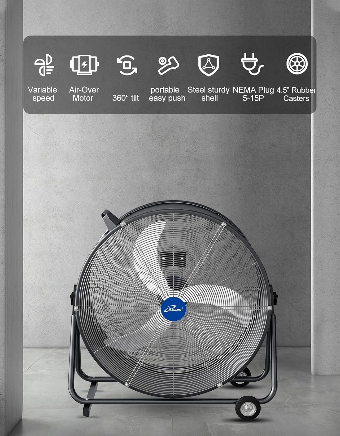 iLIVING 30 Inches High Velocity Drum Fan Industrial, Commercial, Air Circulator for Garage, Shop, Patio, Barn, Greenhouse, Speed Control 8300CFM, UL Listed,Black