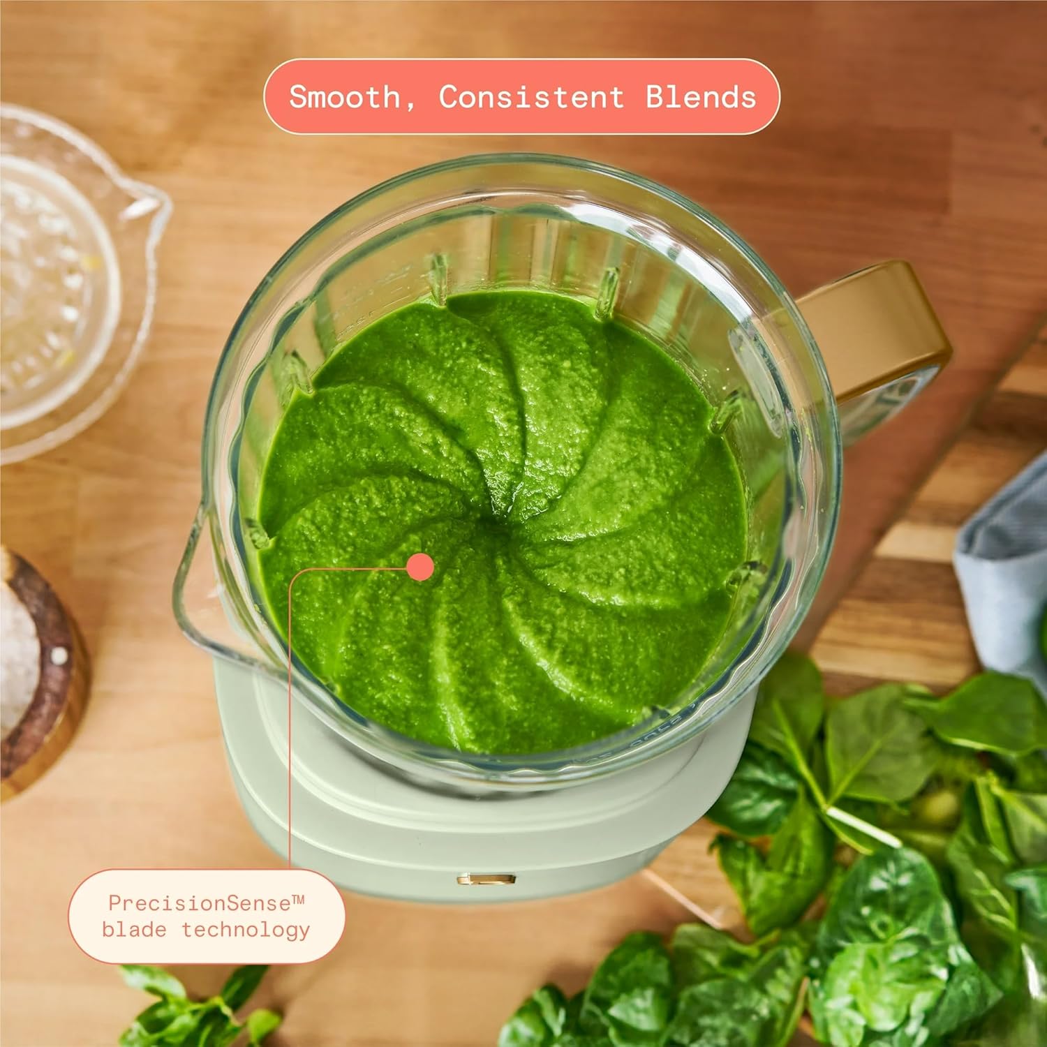 Beautiful PowerExact High-Performance 700-Watt Blender by Drew Barrymore, 50-Ounce Pitcher, Stainless 4-Tip Blade, 3 Speeds + 4 Presets, Dishwasher-Safe Parts, Travel Cup Included (Sage Green)