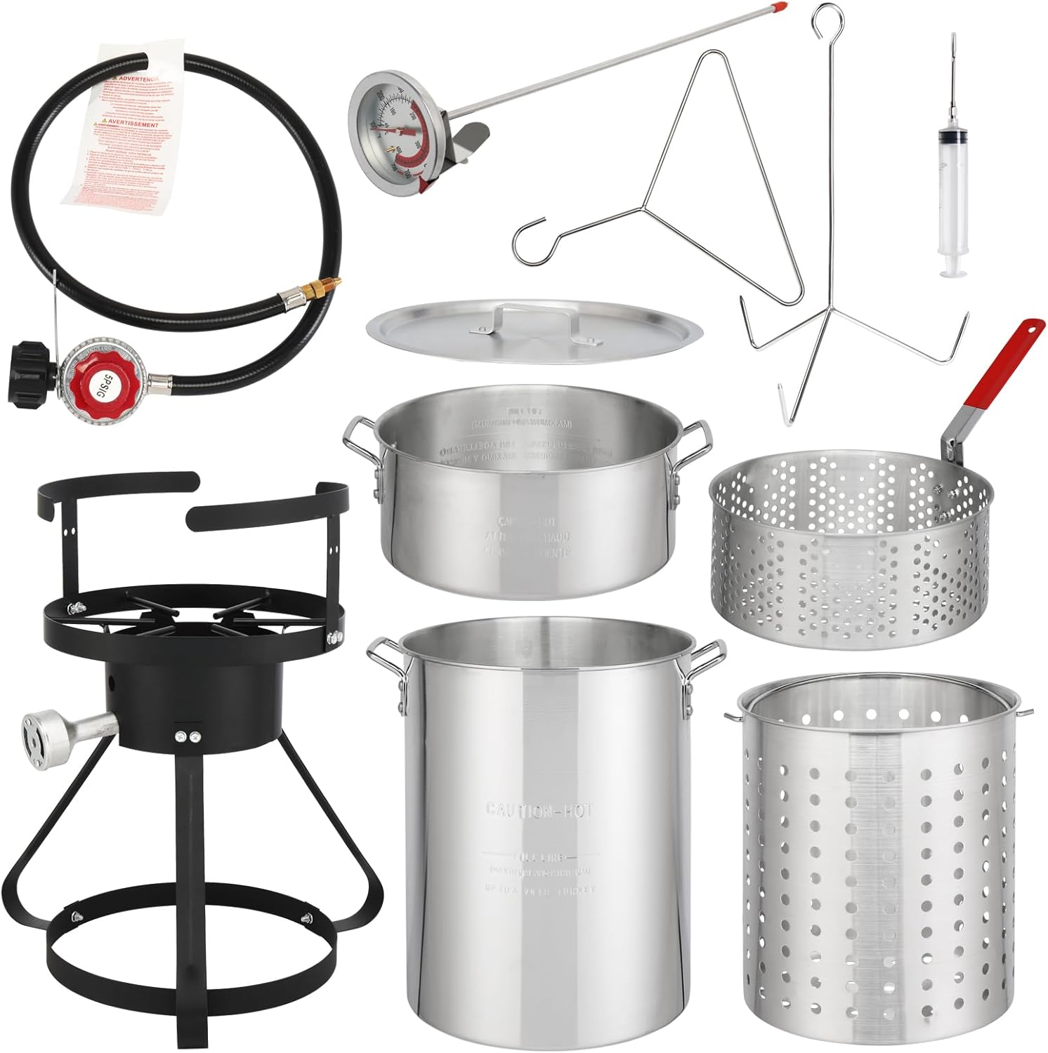 13 * 32inch Four-Piece Set, Black Round Iron Stove Frame, Silver Aluminum 30qt Turkey Pot 10qt Fish Pot, Gas Fryer