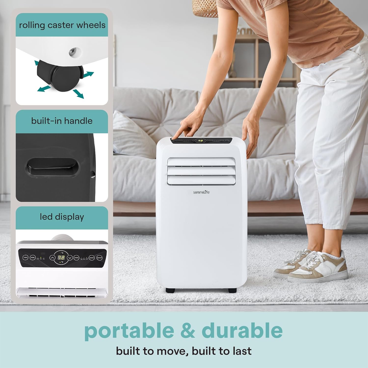SereneLife Portable Air Conditioner With Heat & Built-in Dehumidifier 12,000 BTU, Portable Heater & AC For Rooms up to 550 Sq Ft - Remote Control & Window Mount Exhaust Kit Included