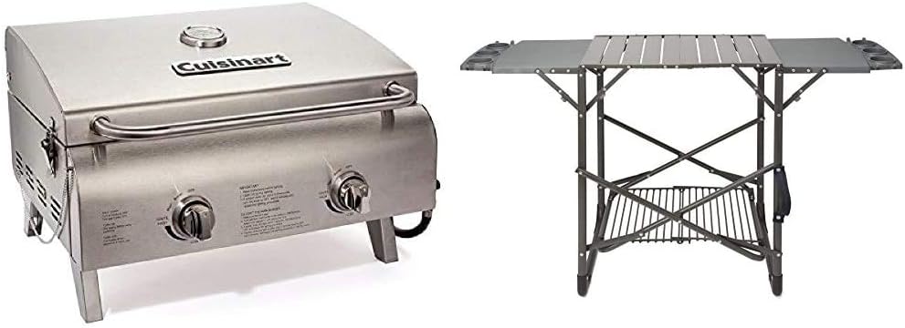 Cuisinart CGG-306 Chef's Style Portable Propane Tabletop 20,000, Professional Gas Grill, Two 10,000 BTU Burners, Stainless Steel and Cuisinart CFGS-222 Take Along Portable Grill Stand