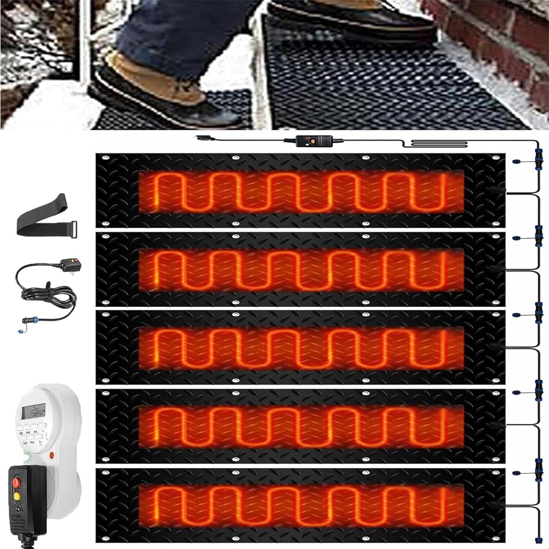 Heated Snow Melting Mats with Timer for Entrances-3/4 Pcs,Heated Snow Melting Mats for Stairs,Heated Outdoor Mats,Now Winter Removal,No-Slip Stair Heating with Time(5 Pcs-10x48in/(25.4x121.9 cm))