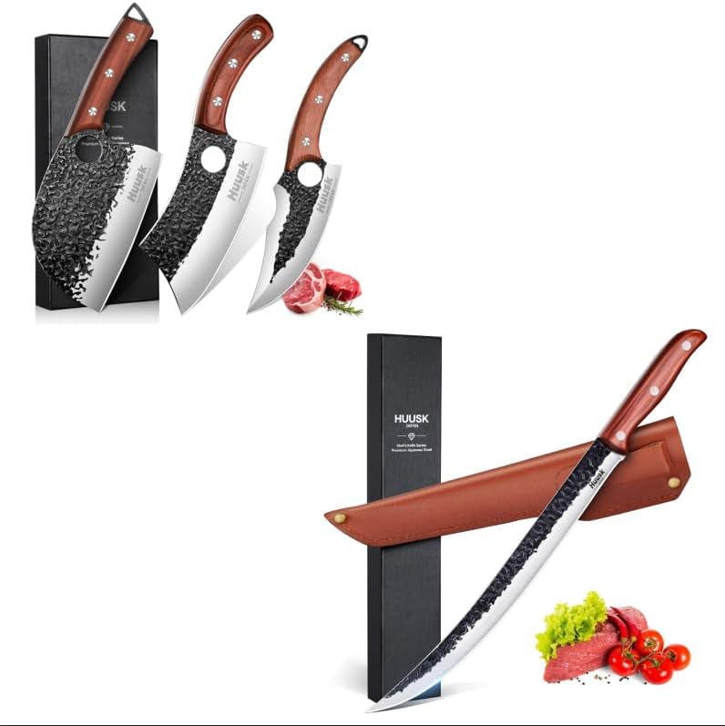 Huusk 11.5 Inch Brisket Slicing Knife Hand Forged Serbian Chef Knife Viking Boning Knife Japanese Butcher Scimitar Knife for Meat Cutting Home & Outdoor Cooking BBQ Knives Gift for Men