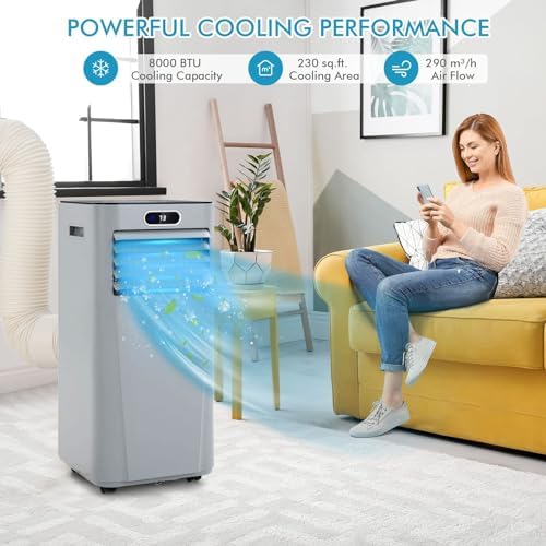 DORTALA Portable Air Conditioner 8000 BTU, 3-in-1 AC Unit with Remote Control, Dehumidifier, 24H Timer, Window Kit, Standing AC Cooling Unit for Home Office, Grey