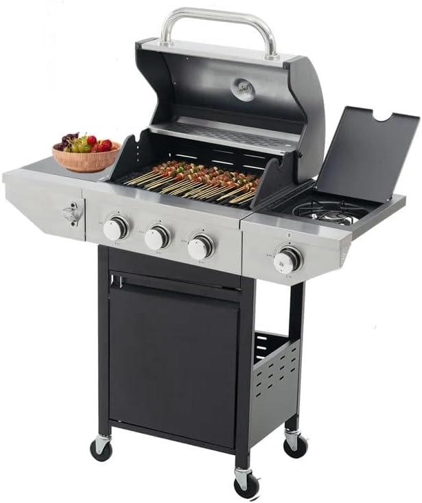 3 Burner Propane Gas Grill with Side Burner, 37,000 BTU Stainless Steel Outdoor BBQ Grill with Side Burner & Porcelain-Enameled Cast Iron Grates Built-in Thermometer for Patio & Garden Cooking