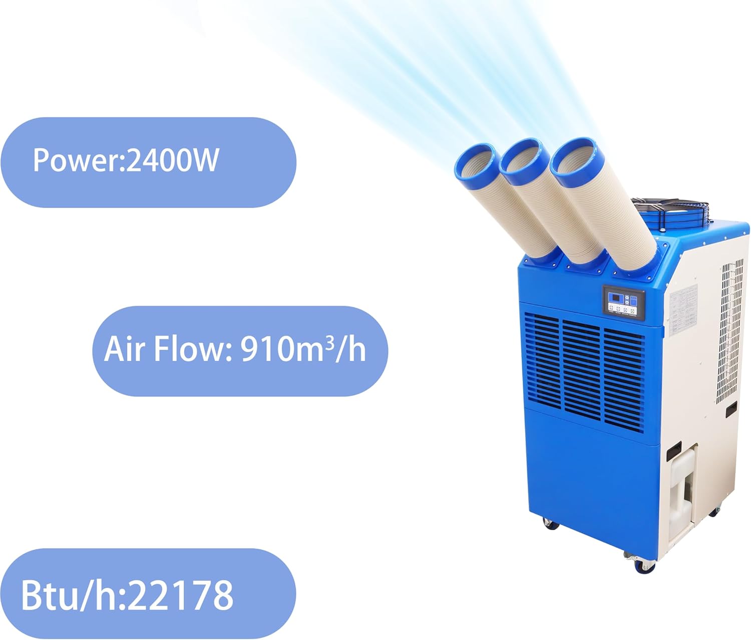 220VIndustrial Portable Air Conditioner Air Flow 910m³/h with Wheels 14L Tank Three Tube 2400W Commercial Spot Cooler Adjustable Outlet Ideal for Insititute Workshops Outdoor Events