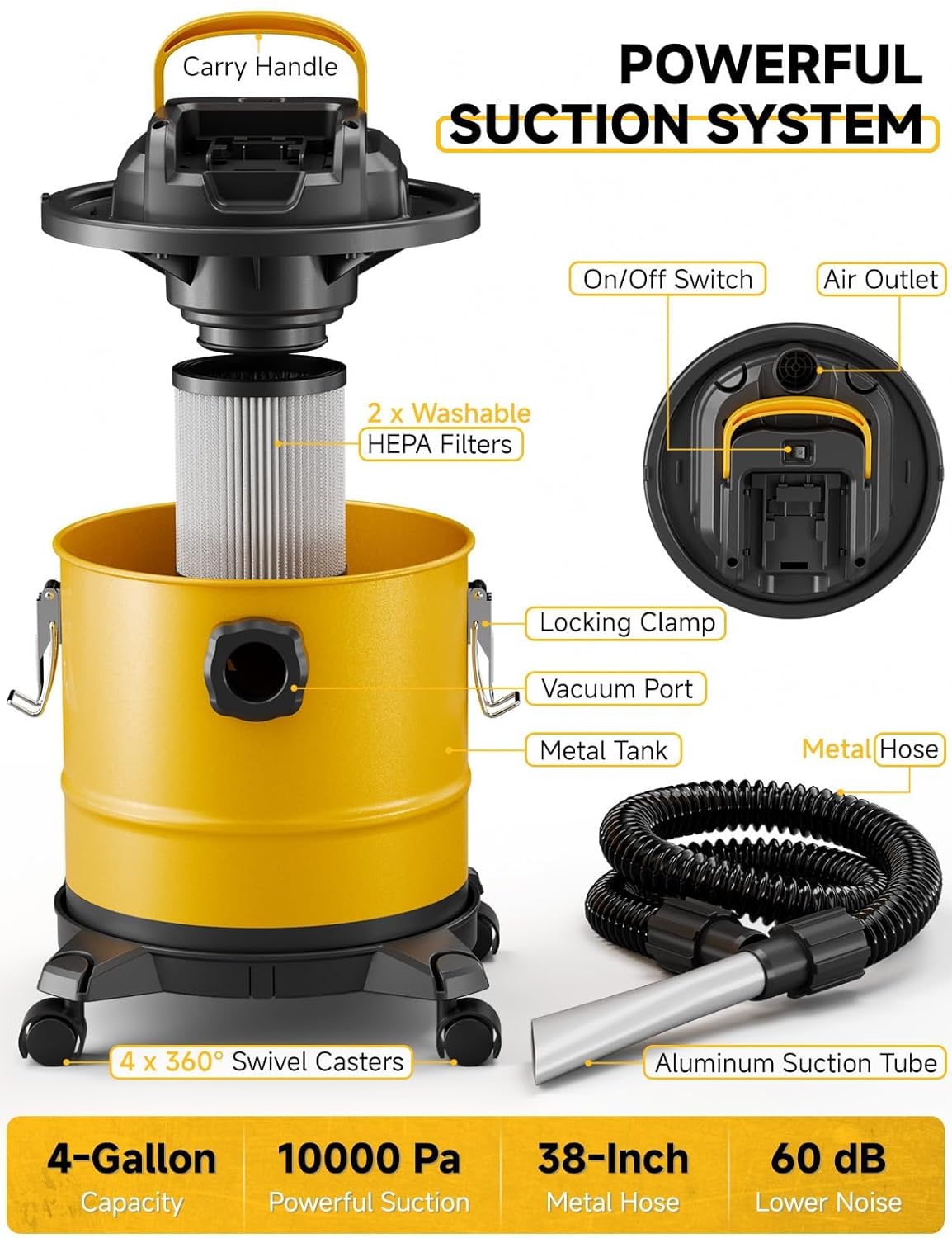 Cordless Ash Vacuum for Pellet Stoves, for DEWALT 20V Max Battery, Pellet Stove Vacuum Cleaner with 2 HEPA Filters, Powerful Suction, 4 Gallons & 4 Wheels, 38