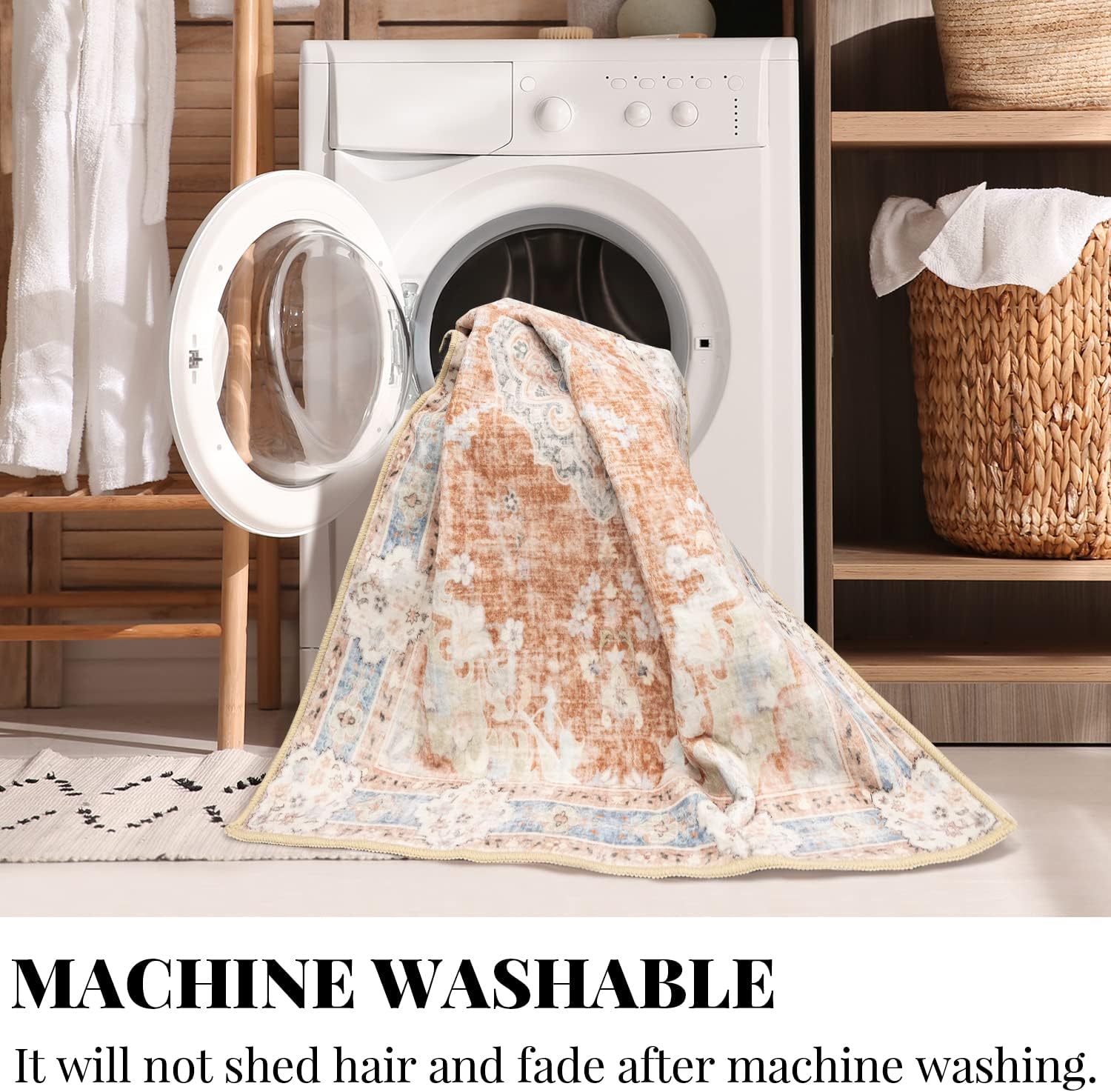 MUJOO Boho Rug 3'x5' Machine Washable Area Rugs Small Non Slip for Entryway Bedroom Bedside Kitchen Hallway Living Room Laundry Indoor Mat Soft Low-Pile Floral Orange Navy Blue