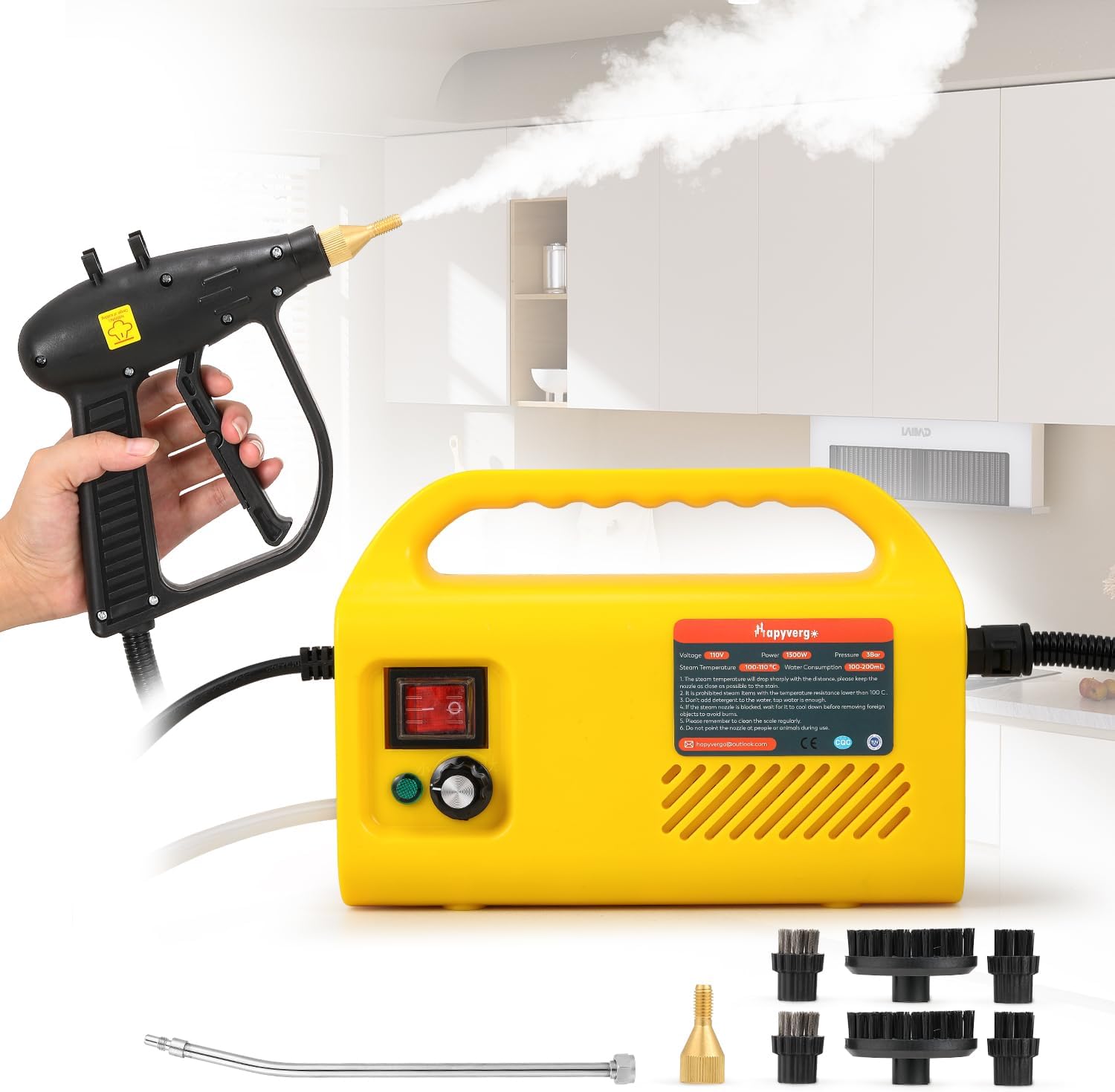 1500W Tankless Pressurized Steam Cleaner - Handheld Portable Grout & Tile Steamer for Home, Kitchen, Bathroom, and Car Cleaning - 110V | Yellow