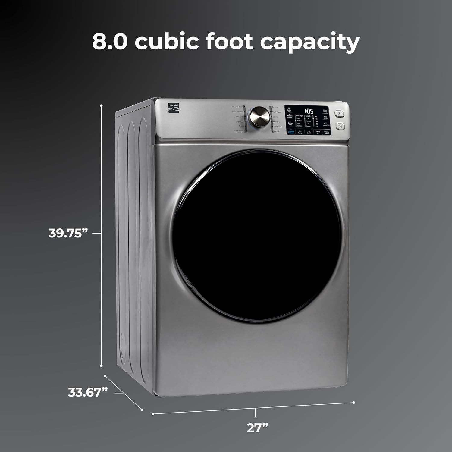 Kenmore 8.0 cu. ft. Front Load Gas Dryer - Wrinkle Guard with Accela Steam to Reduce Static and Odors - Smart Sensor Drying - LED - Metallic Silver