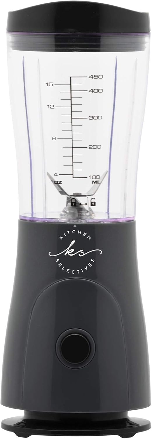 Kitchen Selectives 14-Ounce Mini Blender Color Series - Personal, Portable Blender for Fruit Smoothies & More - With Powerful Stainless Steel Blade & Drink Lid - Dark Gray