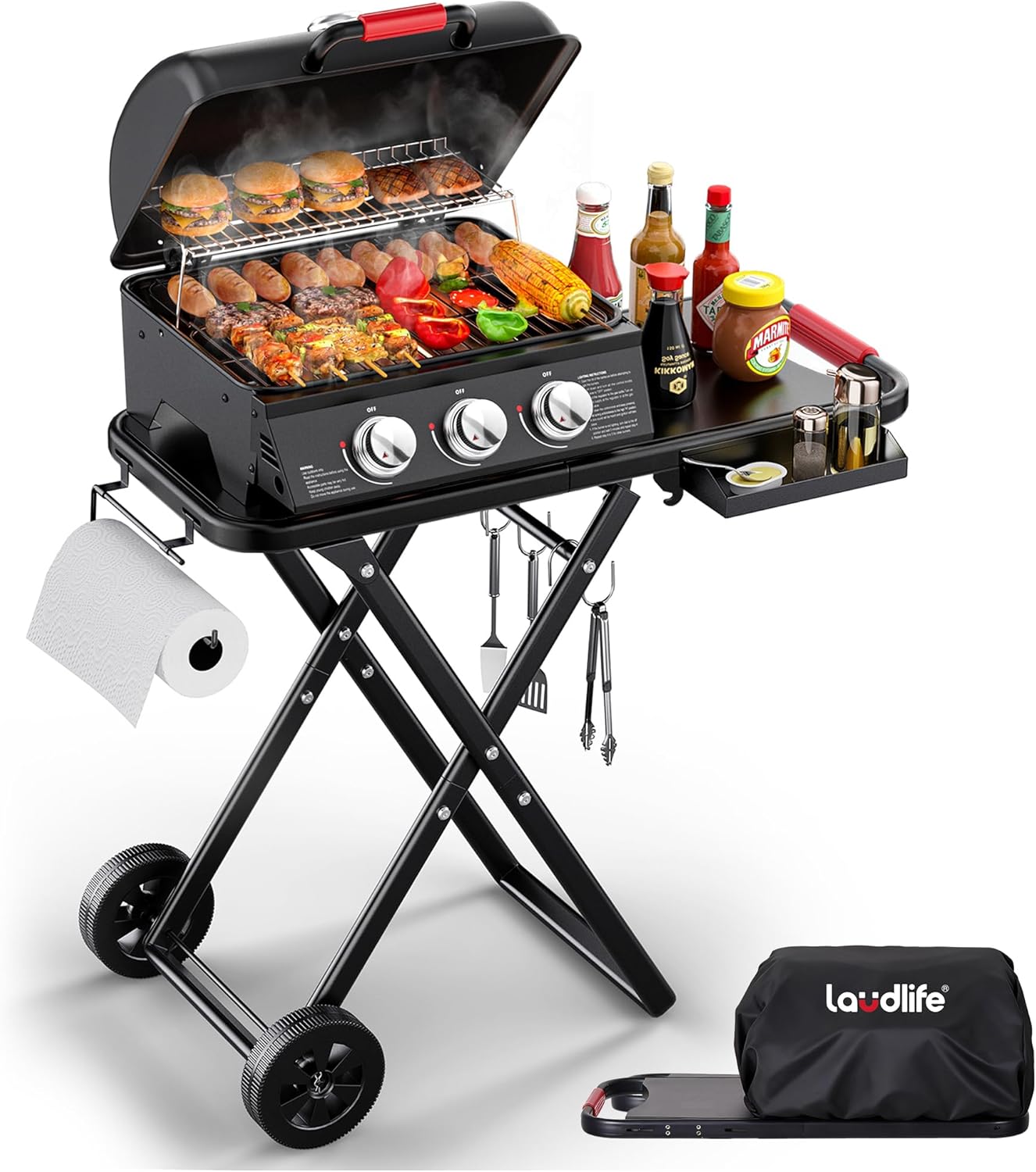 3-Burner Portable Gas Grill with 30,000 BTU, 320 SQ.IN Detachable Propane Grills, Non-Stick Porcelain Grate, Built-in Thermometer, Quick-Fold Design for Camping, Tailgating & Outdoor BBQ