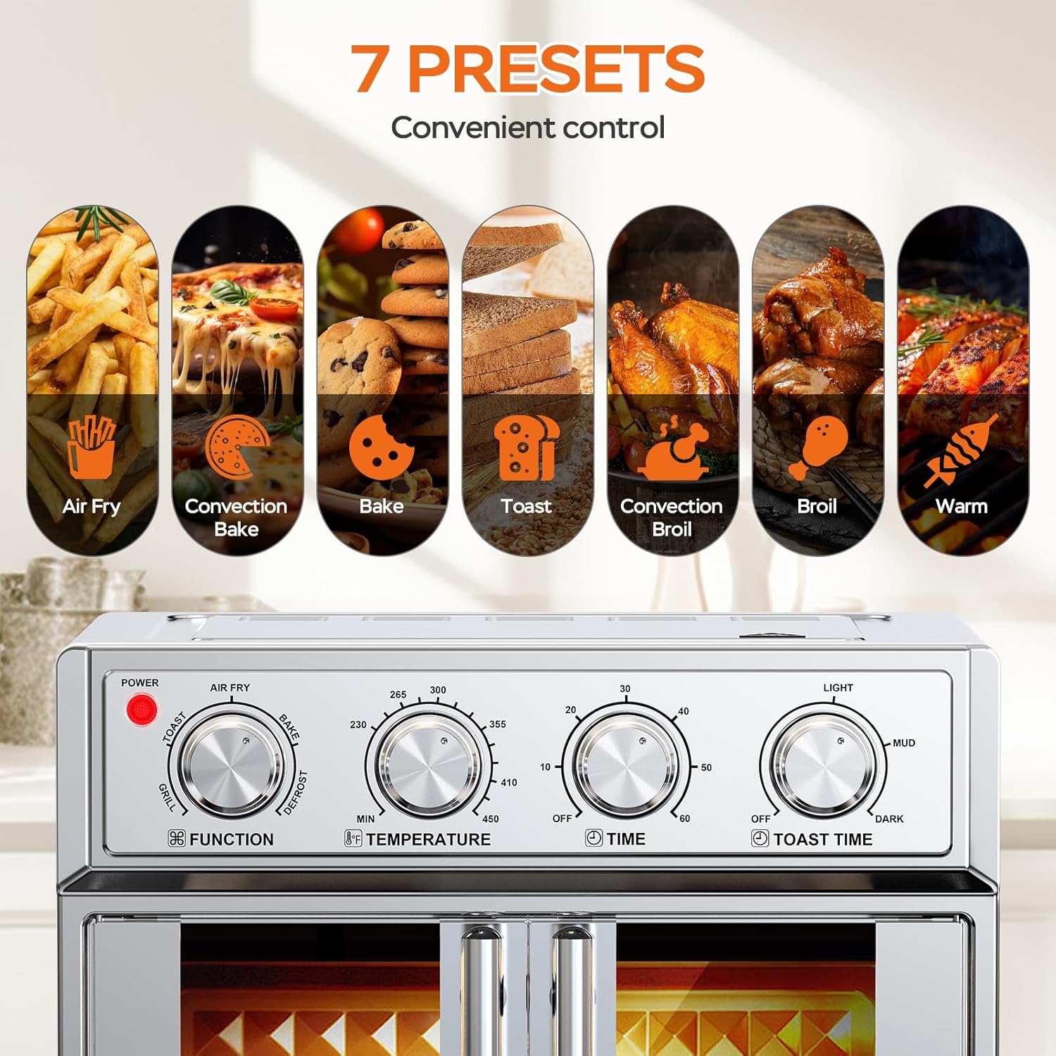 Versatile Air Fryer Oven 7-in-1 26qt Large Capacity Convection Toaster Oven Combo with French Doors 7 Preset Menus for Air Fry Bake Toast Roast Stainless Steel Countertop Oven 1700w Automatic Shutdown