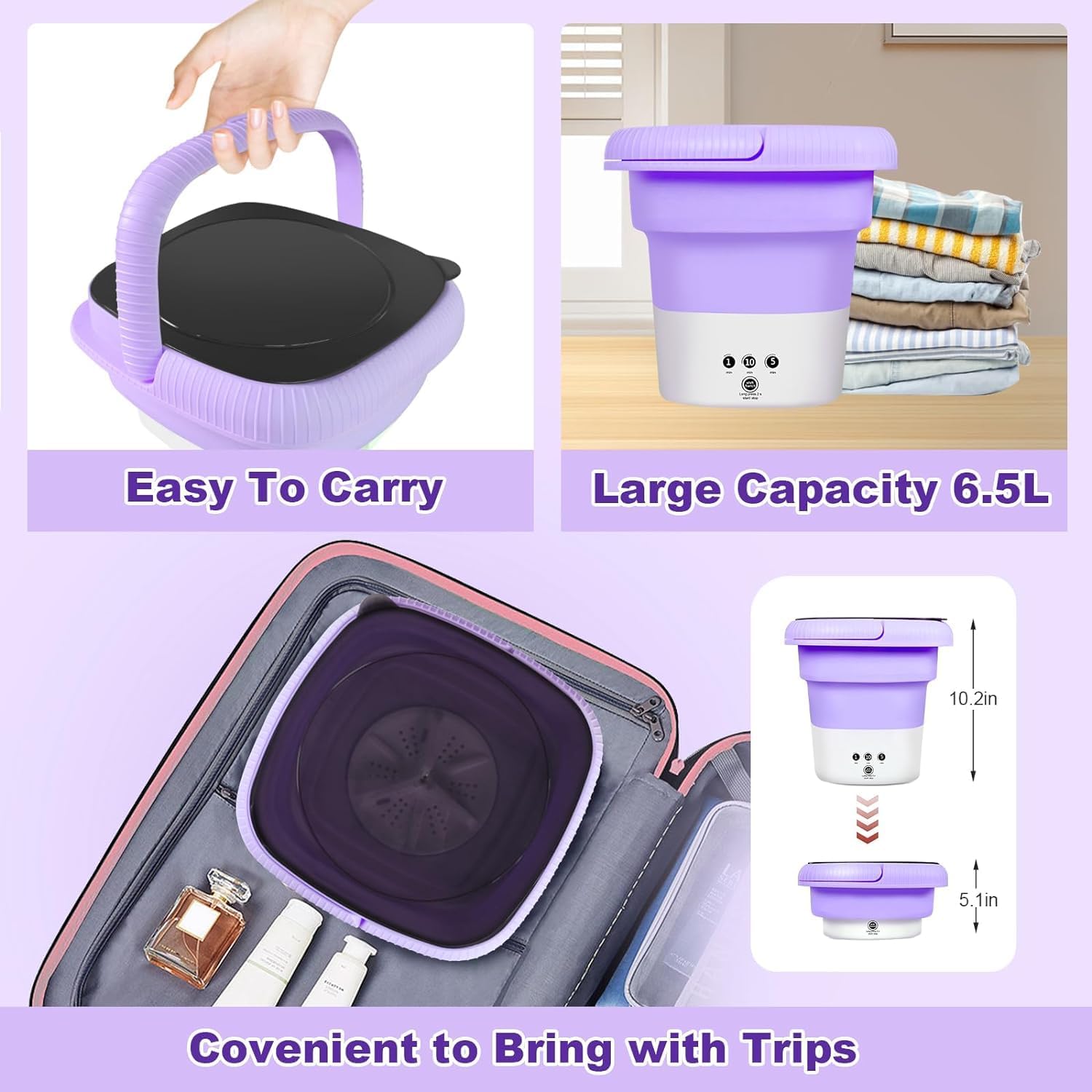 6.5L Folding Washing Machine,Portable Washing Machine,Small Washer with 3 Modes Deep Cleaning & Spin-dry,Easy to Carry,Suitable for Apartments, Dormitories, Camping, RV, Travel,Hotels-Purple