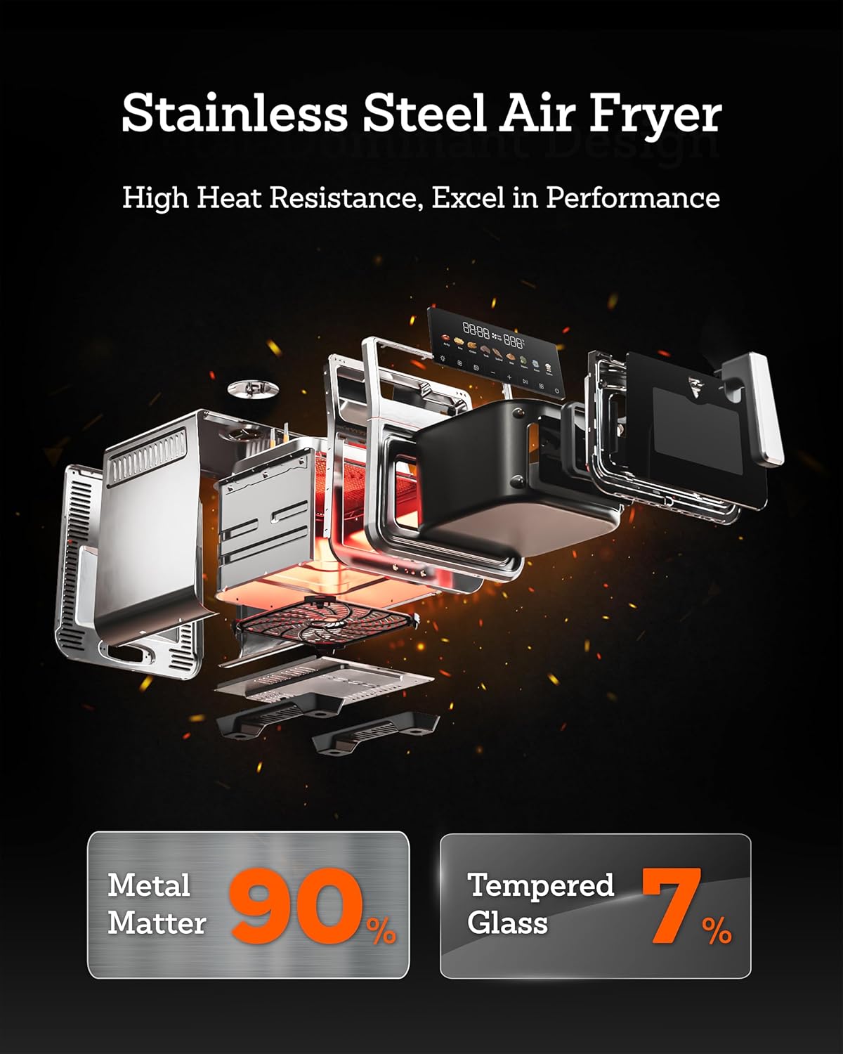 Stainless Steel Air Fryer 6 Qt, Ceramic glaze Air Fryer, Stainless Steel Housing& Full Metal Inner Pot, PTFE and PFAS Free, 9 Digital One-Touch Cook Functions,120°F~450°F, 1700W