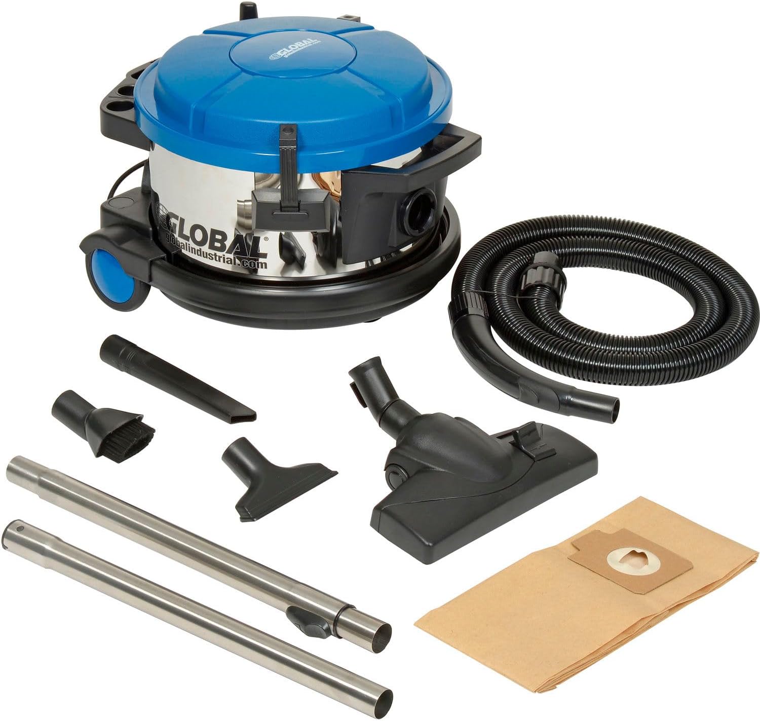 Global Industrial Commercial HEPA Canister Vacuum with Tool Kit, Stainless Steel, 4 Gallon Capacity, 90 CFM, 120V, 26'L Power Cord, Lightweight & Quiet 78 dB