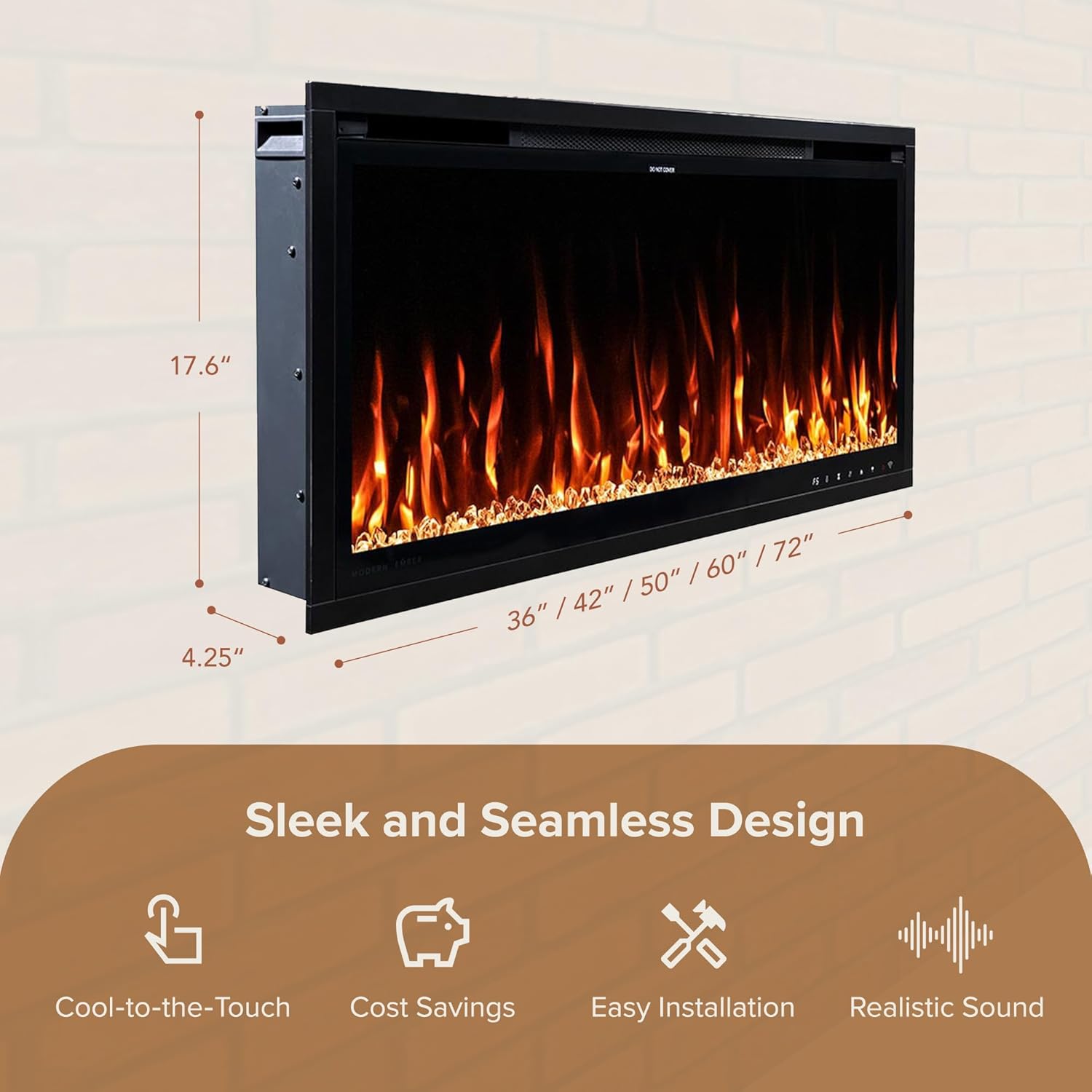 Modern Ember Aerus Slim 36 Inch Smart Linear Electric Fireplace | Recessed in-Wall or Wall-Mount | LED Multiple Flame Colors | Alexa/WiFi Enabled | 4.25” Profile | Remote Included