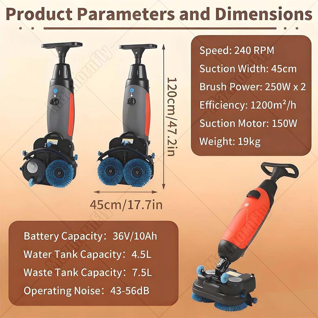 Professional Floor Scrubber, Electric Carpet Spin Cleaner Polisher Buffer, 43 cm Cleaning Width, 1200 m²/h Cleaning Capacity, 240 RPM Deep Cleaning, Dual Brushes Red