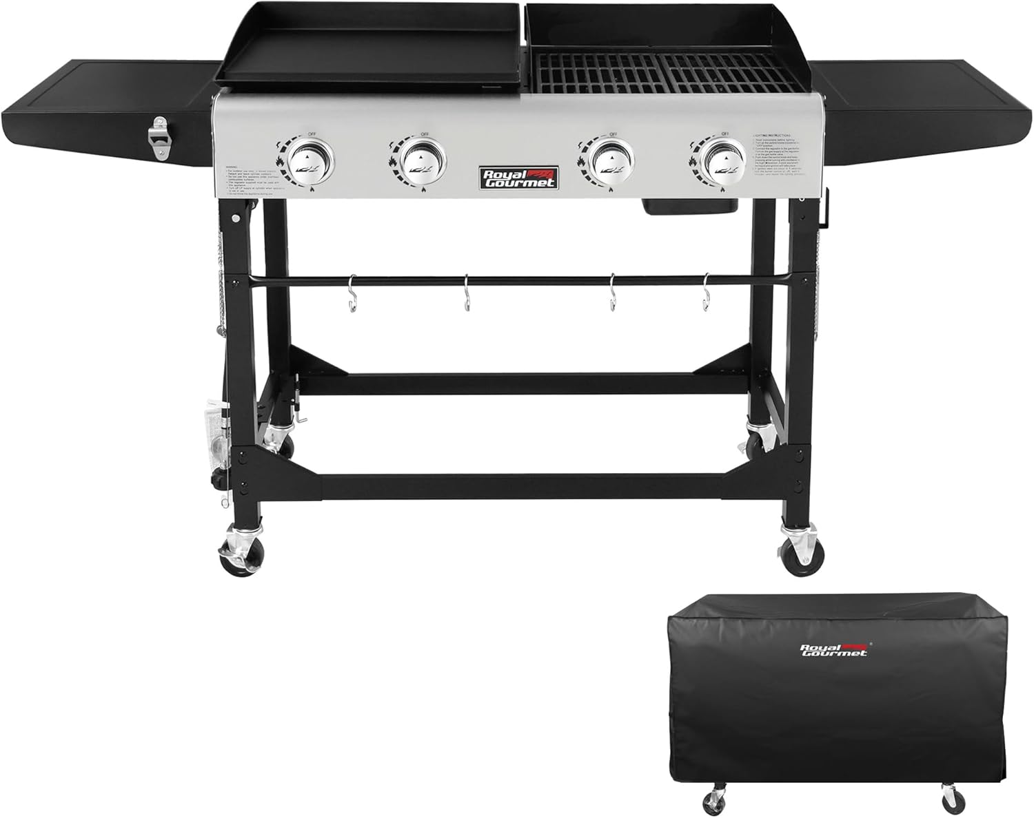 Royal Gourmet GD401C 4-Burner Propane Gas Grill and Griddle Combo with Cover, Griddle Grill Combo with 48,000 BTUs Output for Outdoor Cooking While Camping or Tailgating, Black & Silver
