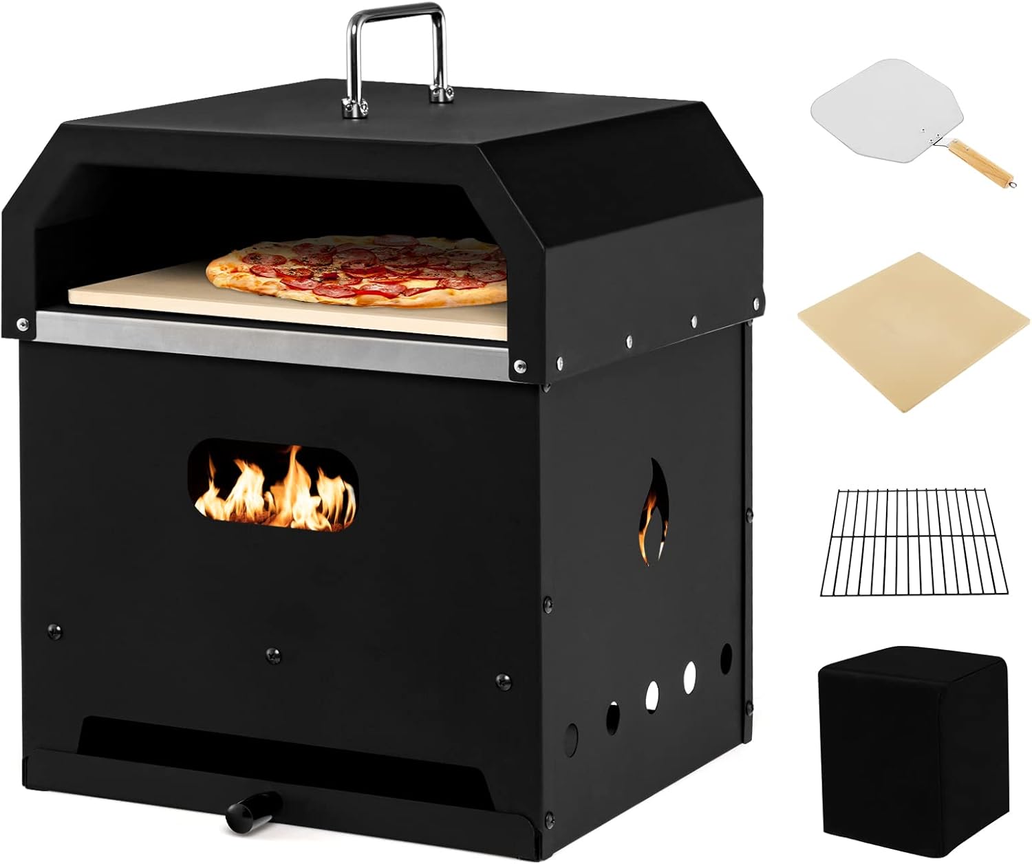 Giantex 4-in-1 Outdoor Pizza Oven Wood Fired, 2-Layer Pizza Maker Grill with Stone, Peel, Waterproof Cover, Cooking Grids, Detachable Grill Oven & Fire Pit for Outside Backyard BBQ