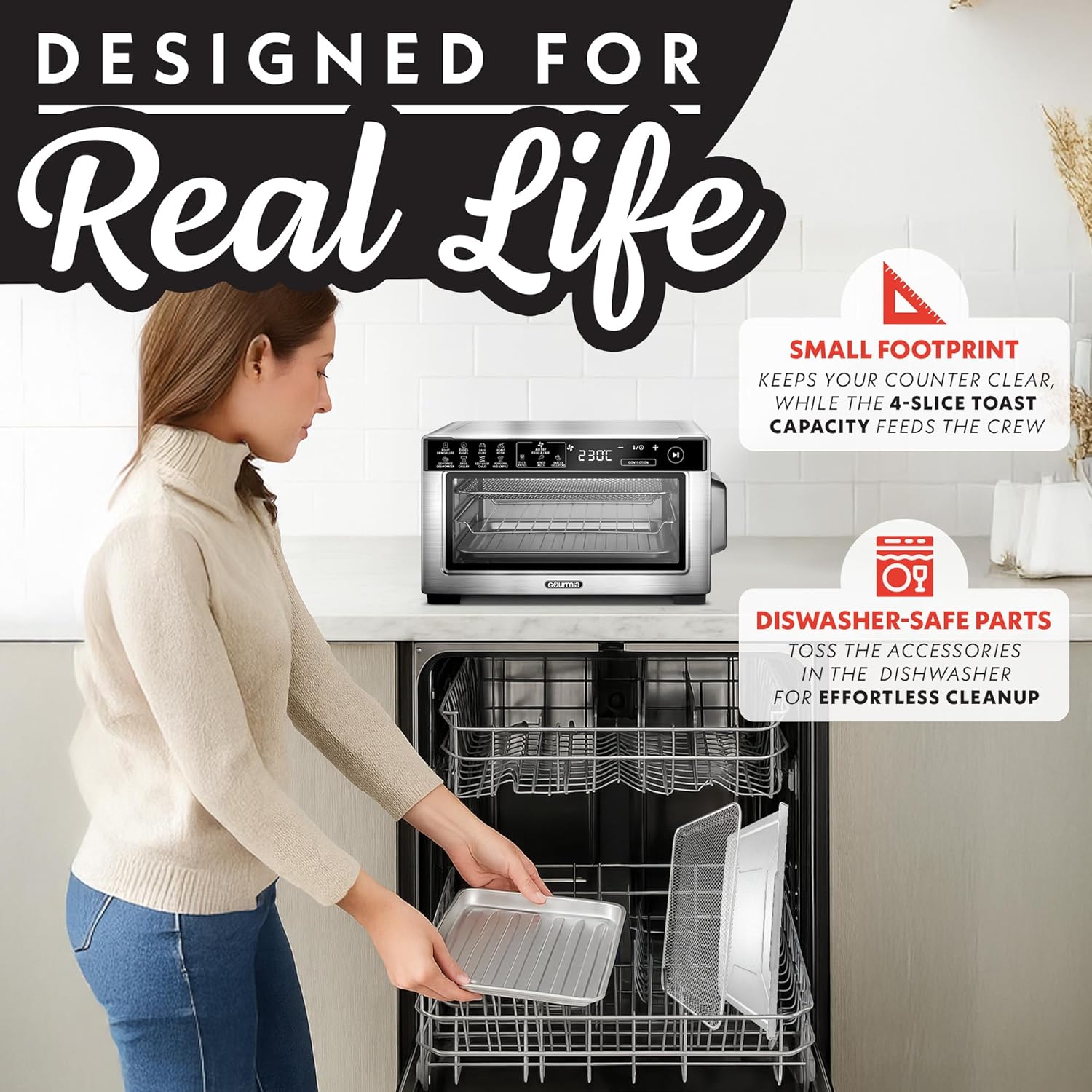 Gourmia Toaster Oven Digital Air Fryer - Convection Mode with 4 Slice Capacity, 3 Rack Positions, 12 Presets, Toast, Bagel, Bake, Roast, Broil, Dehydrate, Popcorn, Fits 9