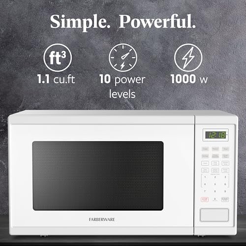 Farberware 1.1 Cu. Ft. Countertop Microwave Oven – 1000 Watts Power, Auto Cook Settings, Defrost, Easy Clean and Child Safety Lock - White