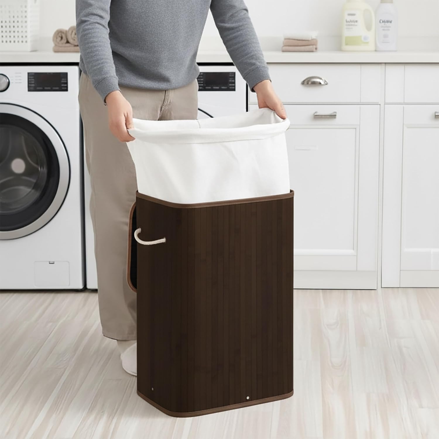Relaxdays Laundry Basket with Lid, Bamboo, 80 L, Foldable Laundry Hamper, 60 x 40 x 30 cm, Laundry Basket, Dark Brown