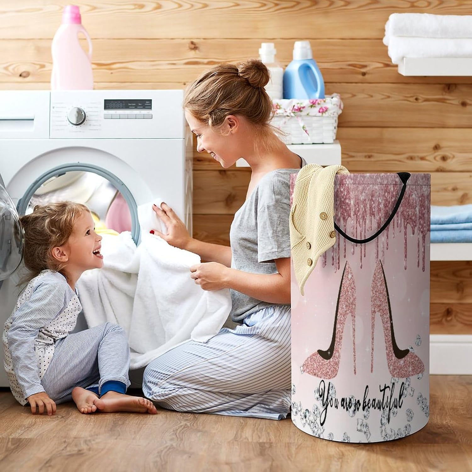 Pink And High Heel Laundry Hamper Dirty Clothes,High Heels Shoe Feminine Glitter Pattern Large Laundry Basket Storage Basket For Bathroom 15.7W