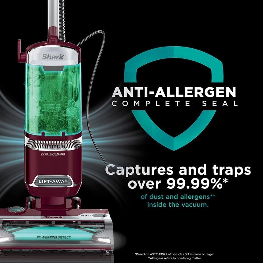 Shark Detect Lift-Away Upright Vacuum with PowerFins Detect Corded Self-Cleaning Brushroll for No Hair Wrap, Anti-Allergen Complete Seal, and Odor Neutralizer Technology (Renewed) (QU491QRD-Burgundy)