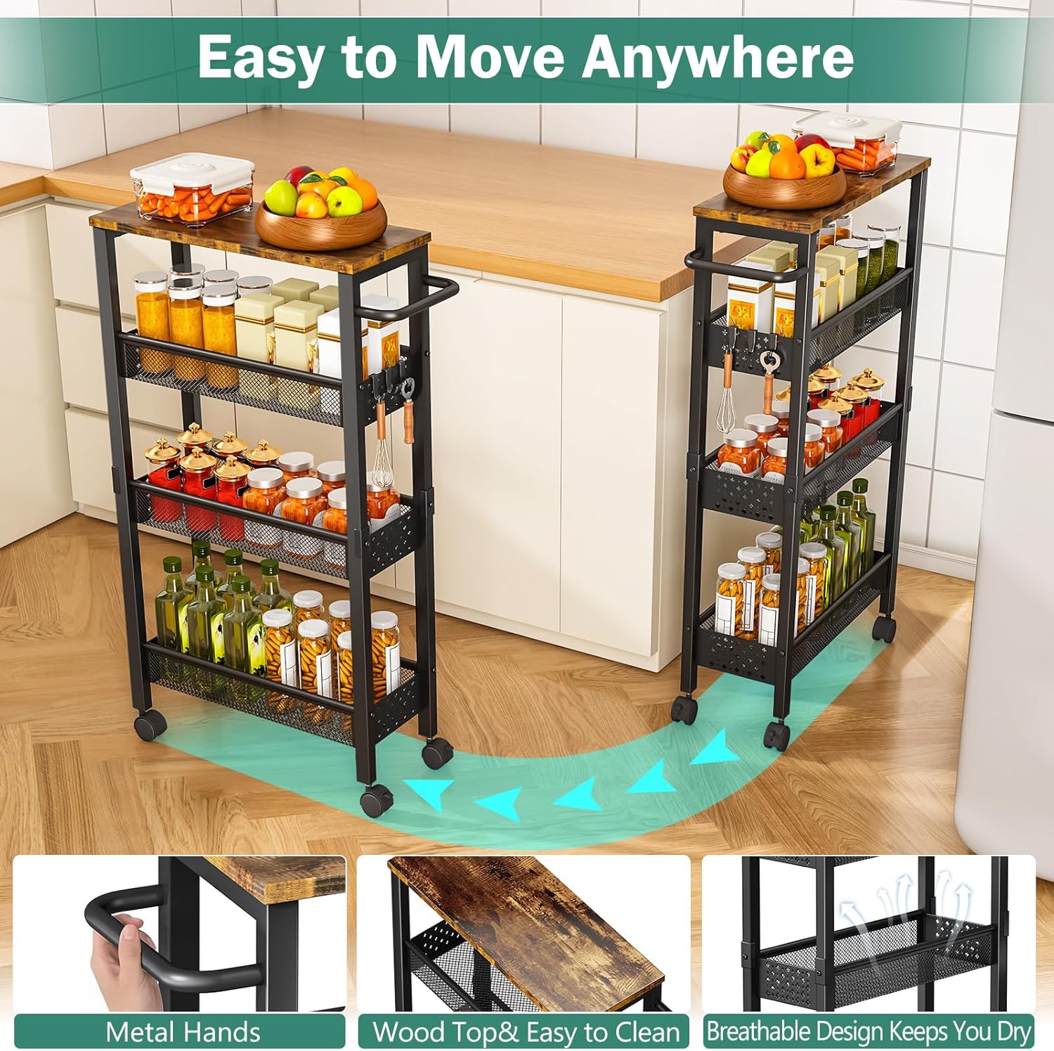 Utility Slim Storage Cart with Wheels, 4 Tier Small Rolling Cart with Wood Top, Metal Kitchen Bathroom Laundry Room Organization Trolley with Handle for Narrow Space – Black