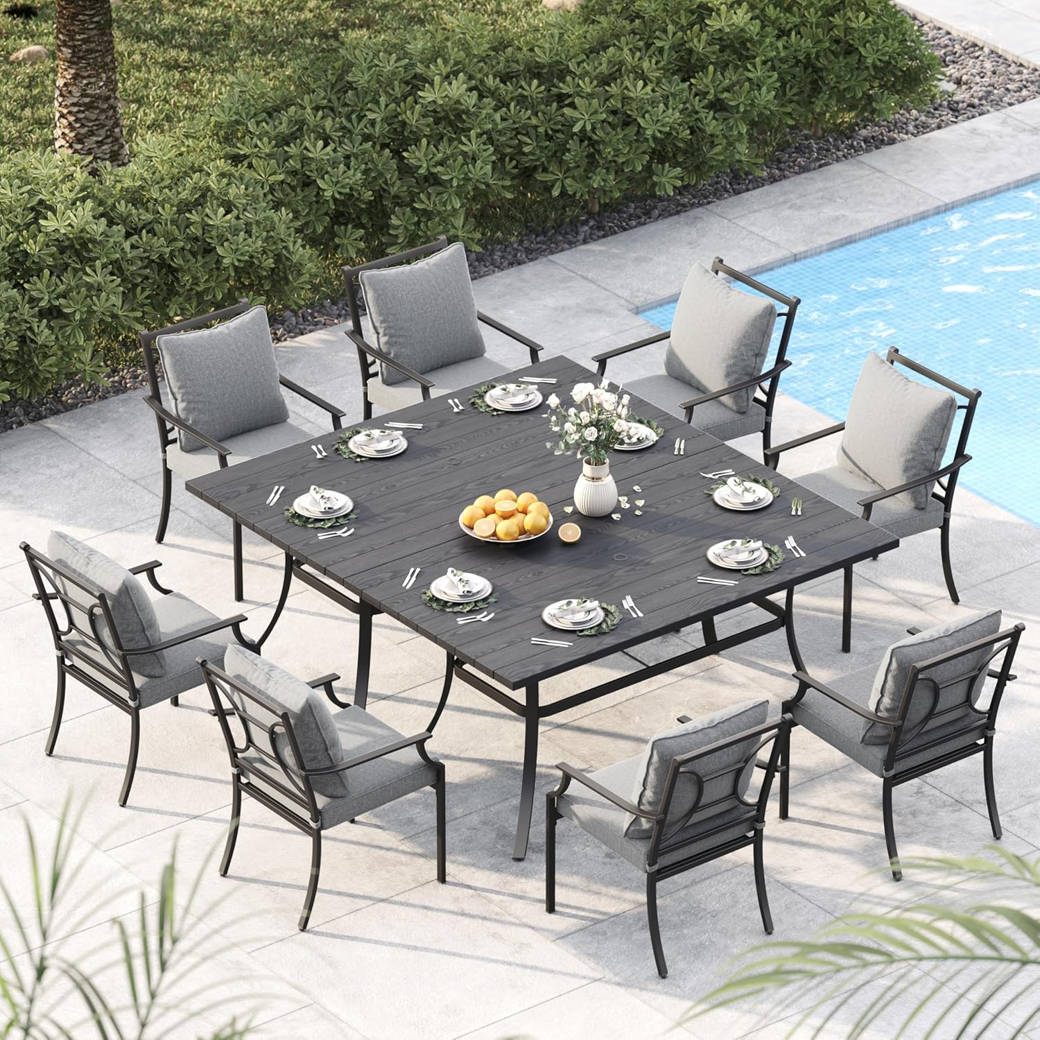 Grand patio 10-Piece Patio Dining Set for 8, 8 E-Coated Outdoor Dining Set Fixed Patio Dining Chairs with Olefin Cushions & 2 Rectangular Faux Woodgrain Table with 1.5”Market Umbrella Hole